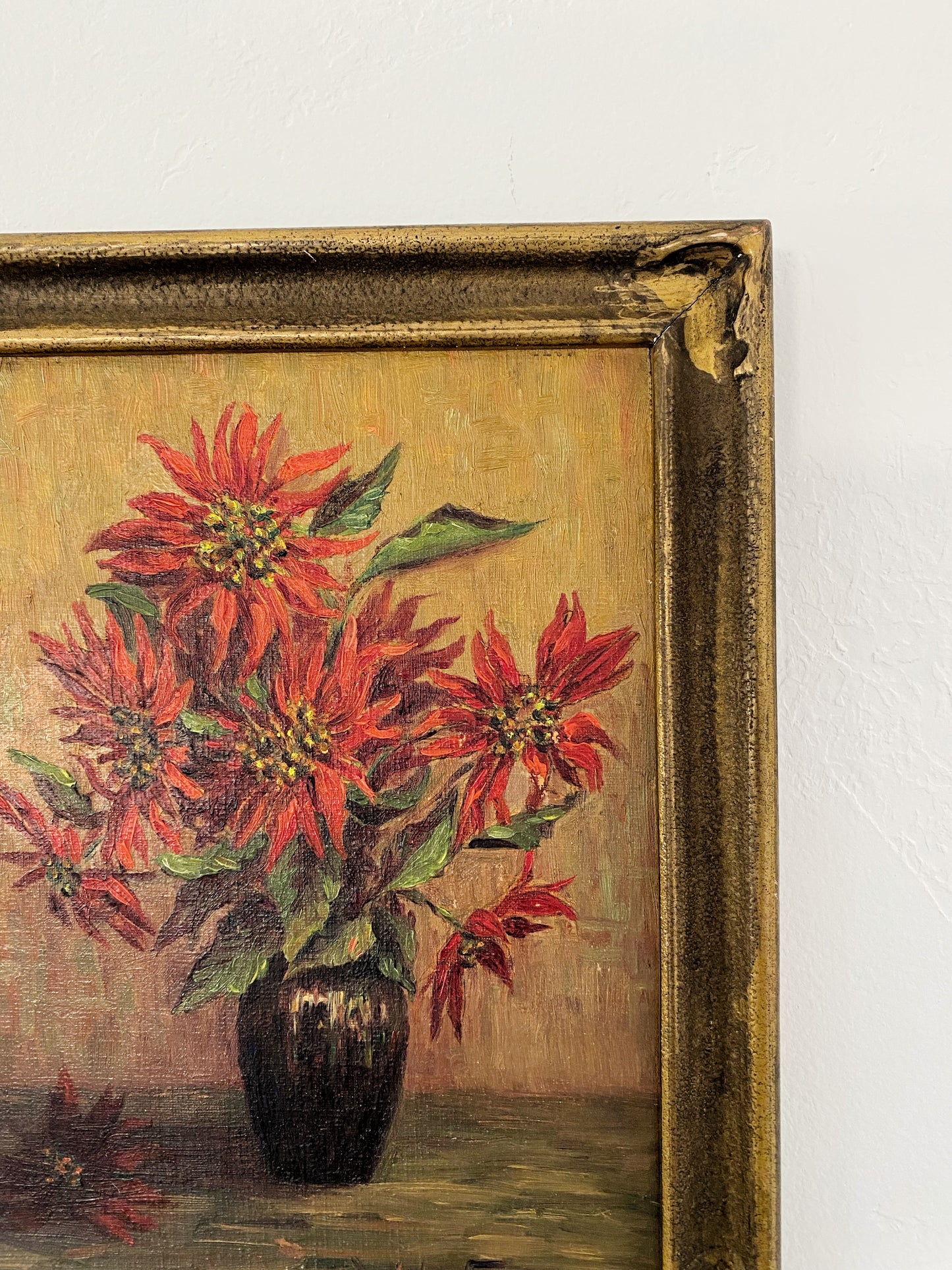 1920s/30s Red Floral Framed Still Life Signed Viola Sayer- 10x12”