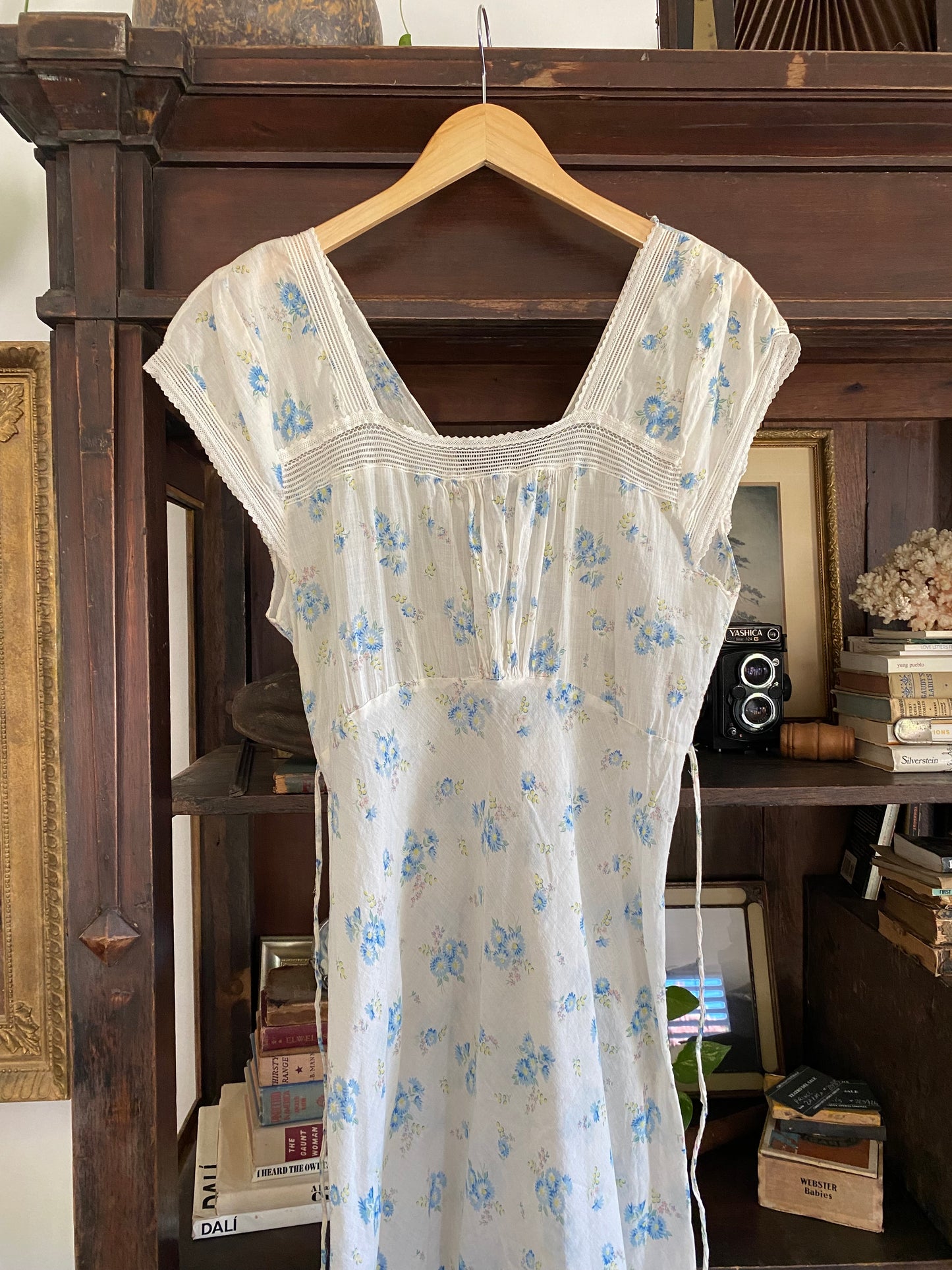 1930s/40s White + Cornflower Blue Batiste Cotton Slip Dress- M/L