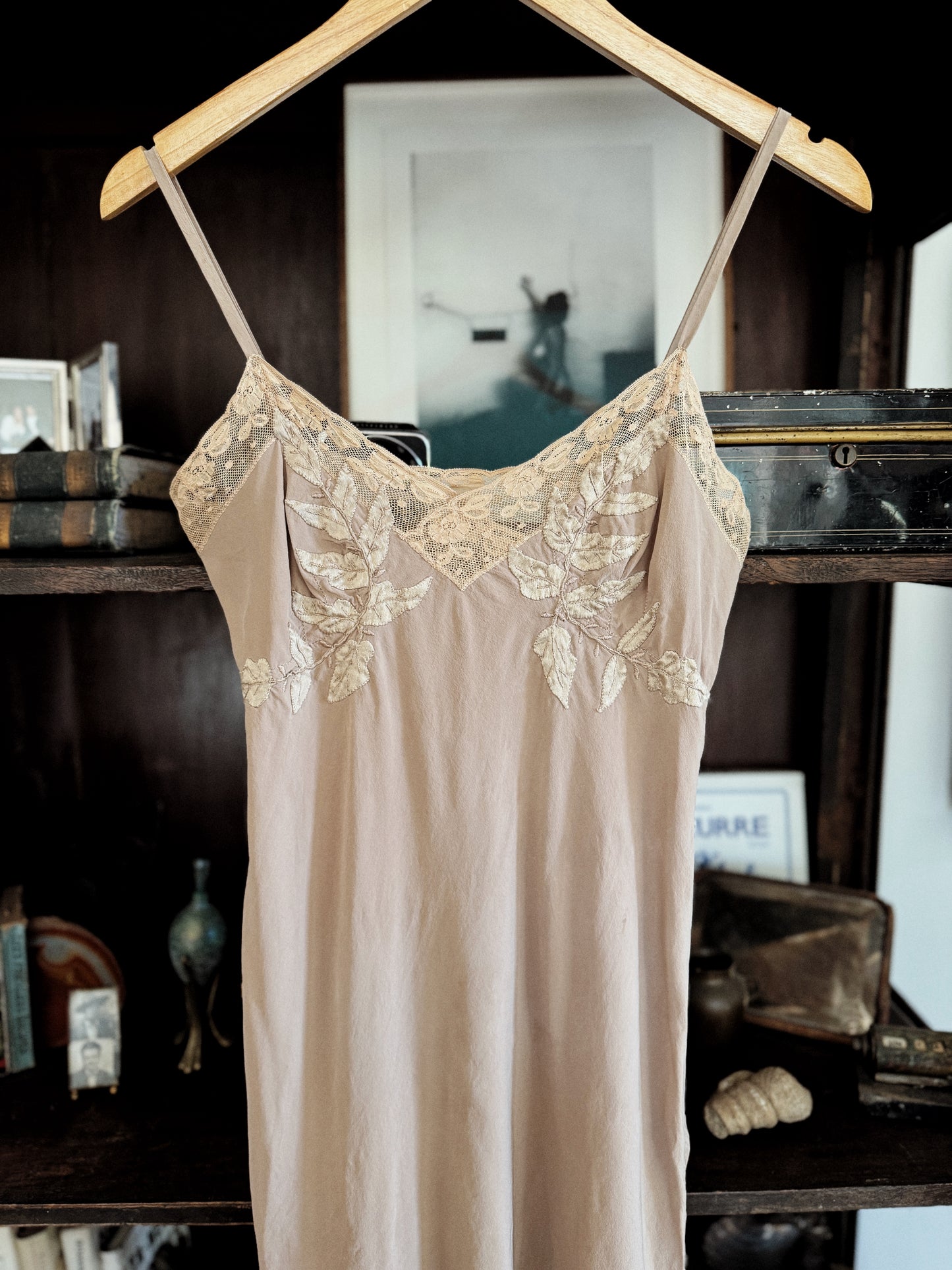 1930s Creamy Mocha Silk Slip Dress w/ Lace + Foliage Appliqué- S