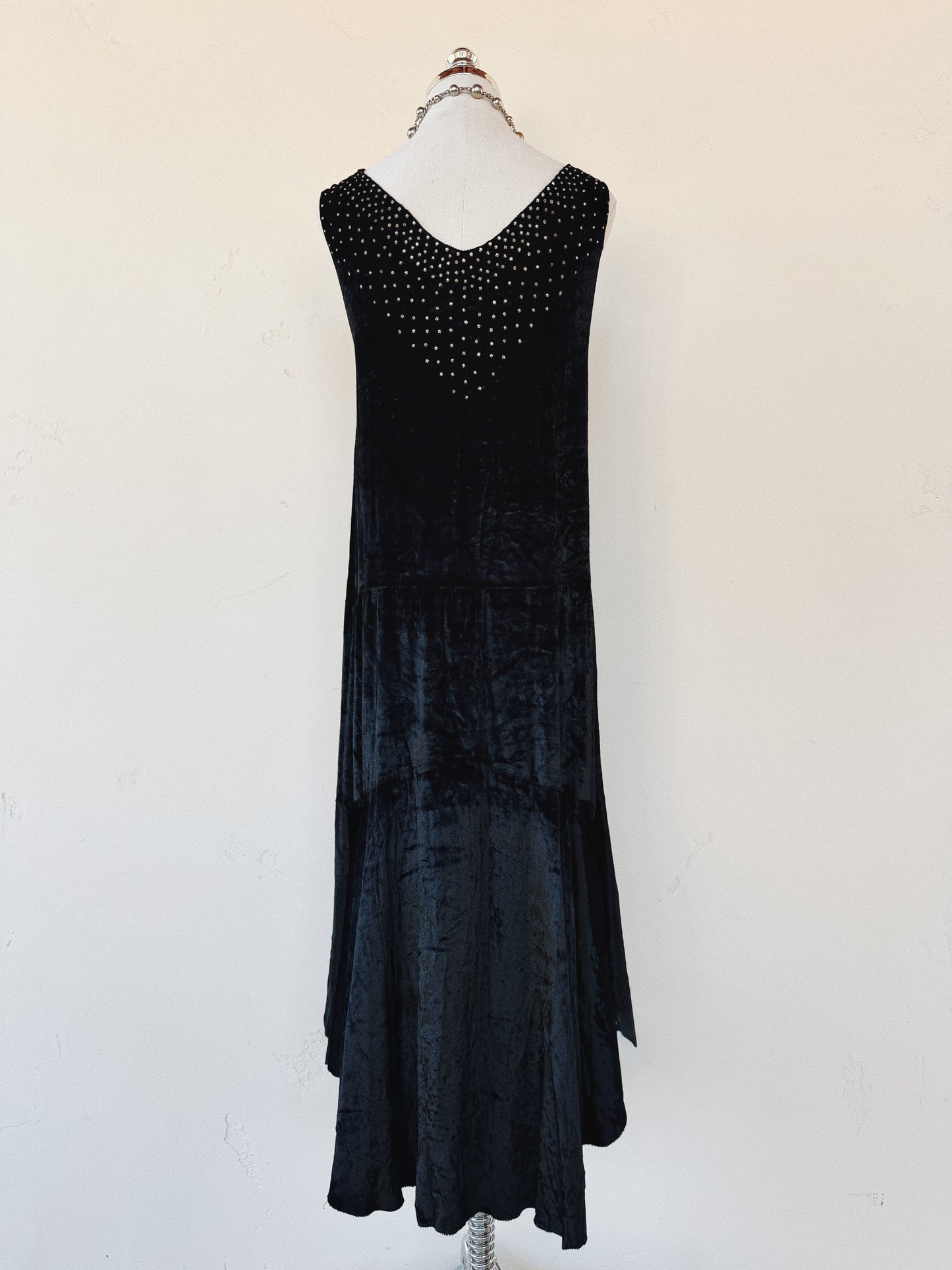 1920s Midnight Black Crushed Silk Velvet Diamenté Dress- S-S/M