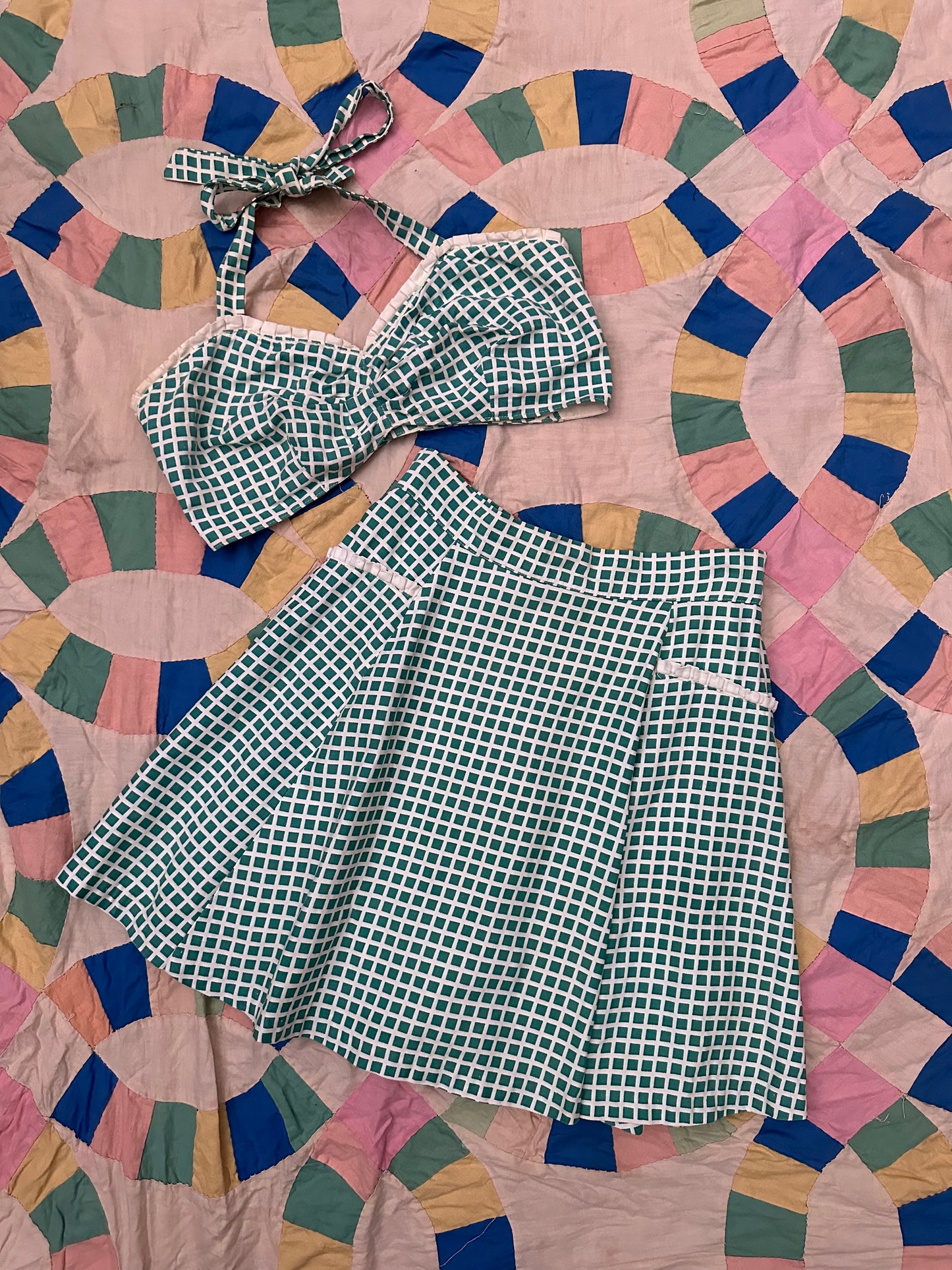 1940s White + Green Cotton Playsuit Set- XS/S