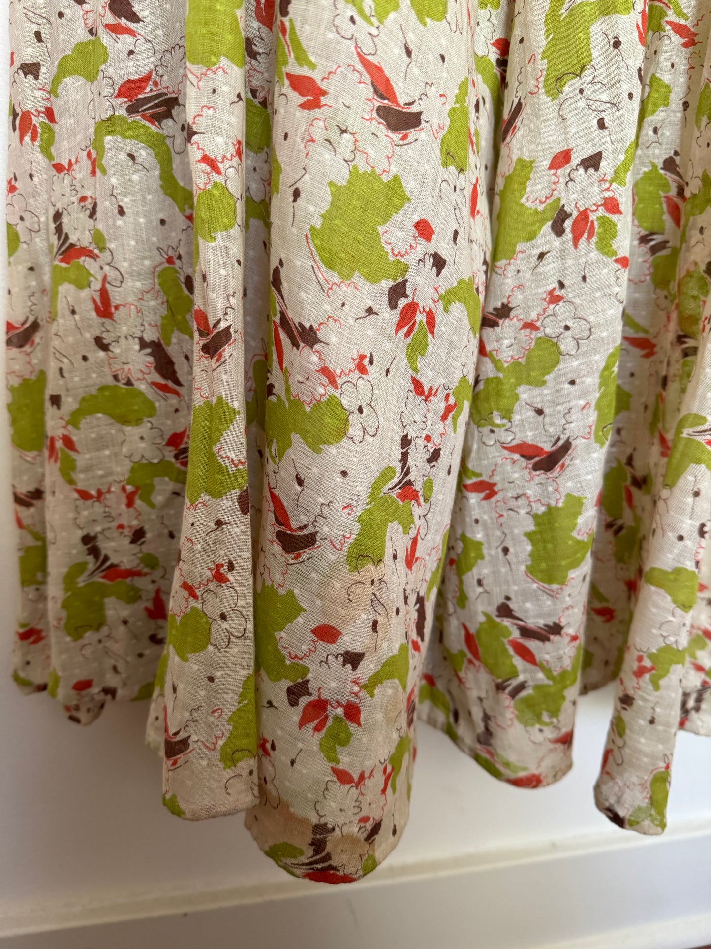 1930s Cotton Voile Lime Abstract Print Dress w/ Puffed Shoulders- S