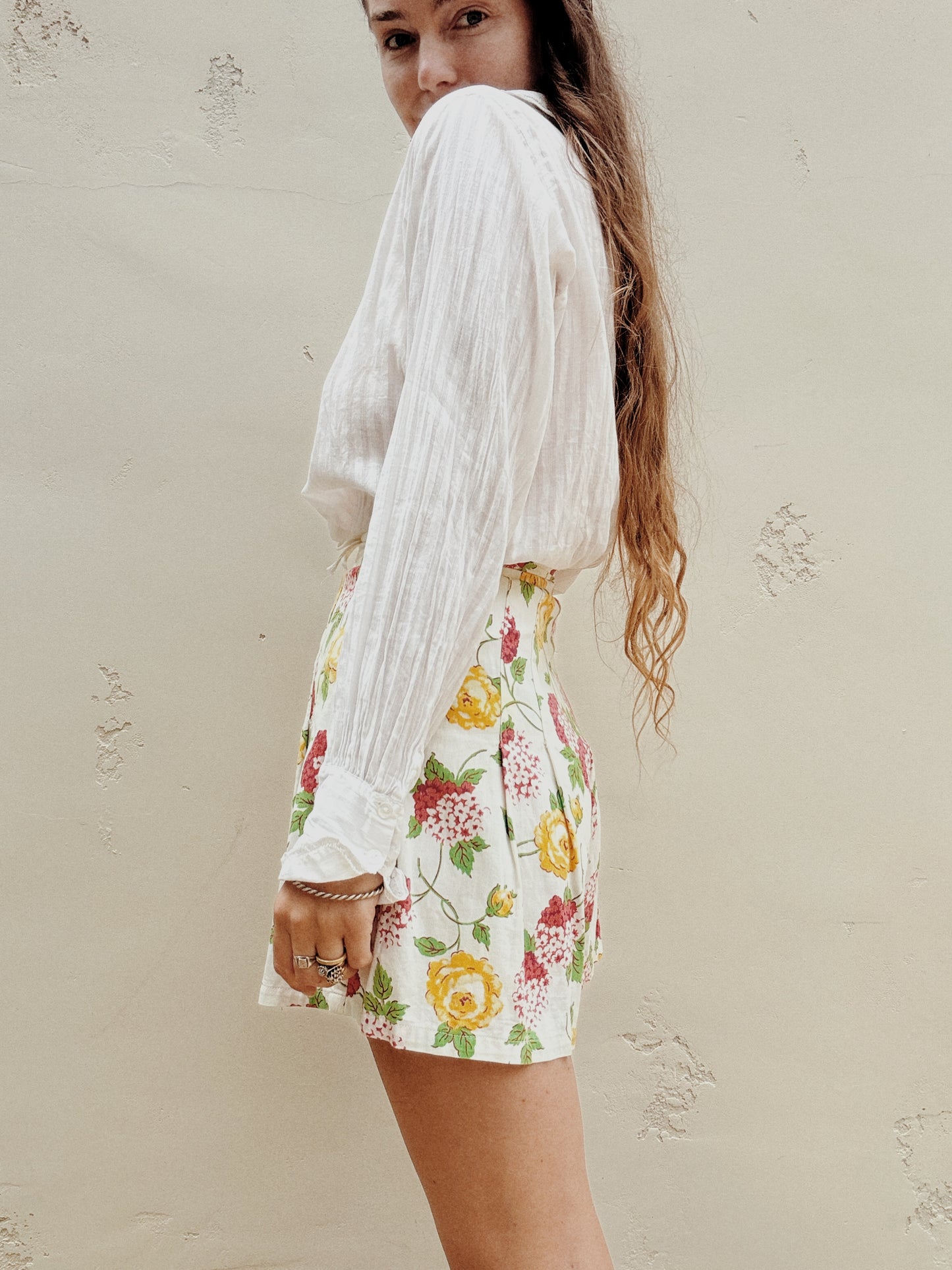 1940s Spring Cotton Floral Side Button Shorts- 26” Waist