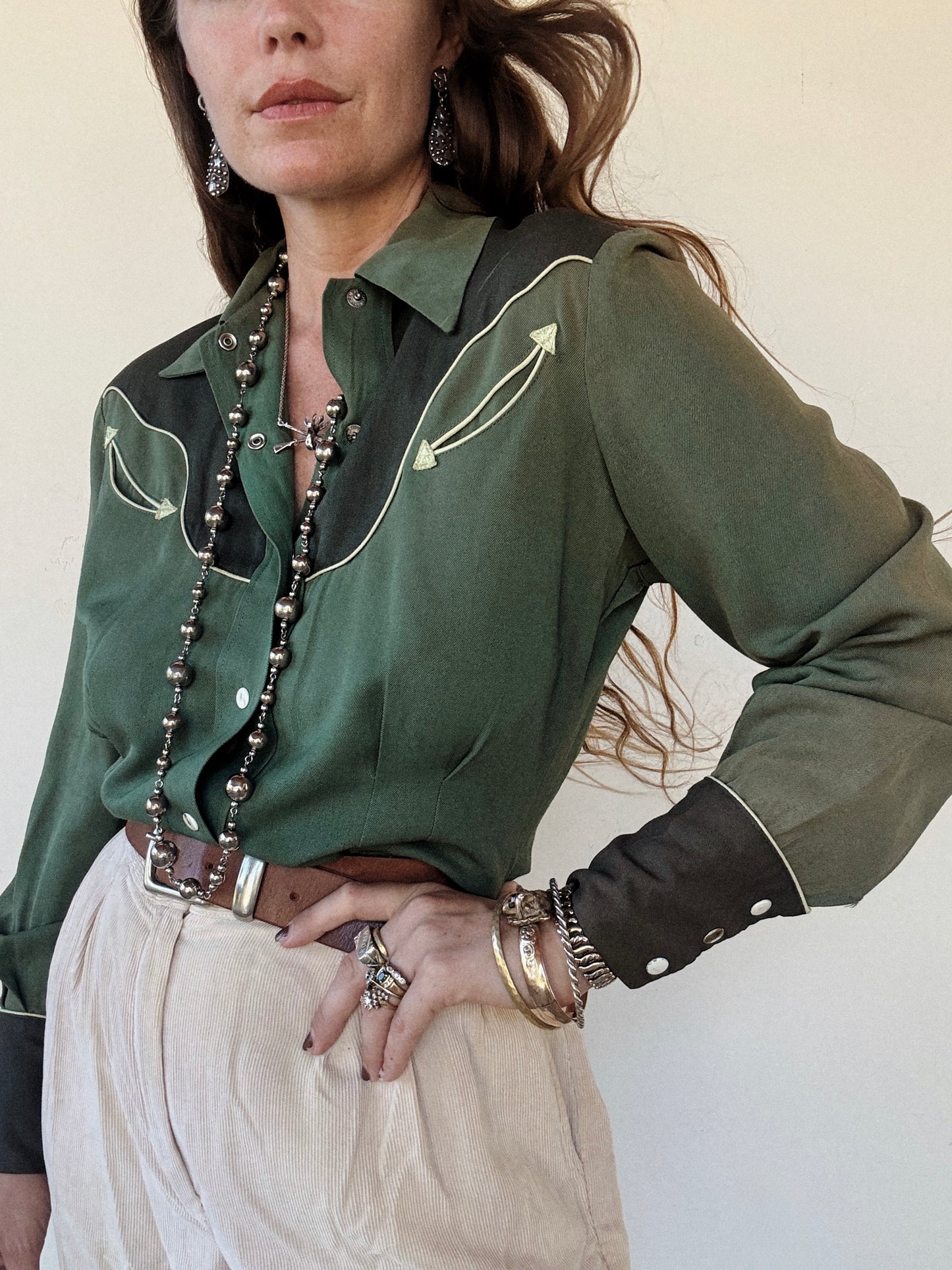 1940s Emerald Tri-Tone Gabardine Western Blouse- M