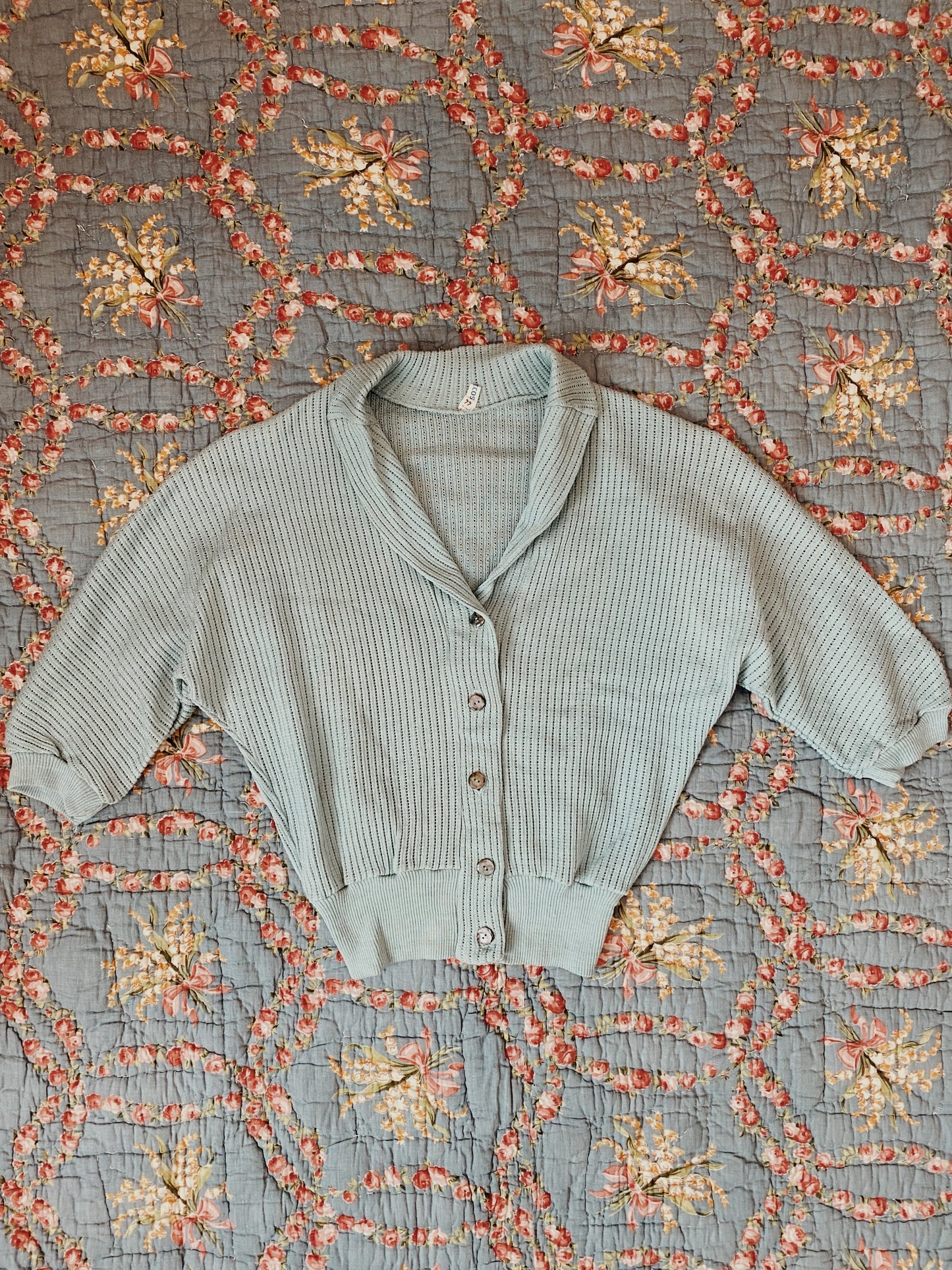 1940s French Deadstock Cropped Cotton Knit Cardigan- M
