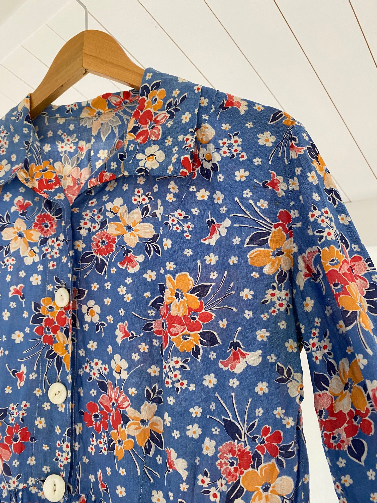 1930s/40s Blue Cotton Floral Maxi Feedsack Dress- M/L