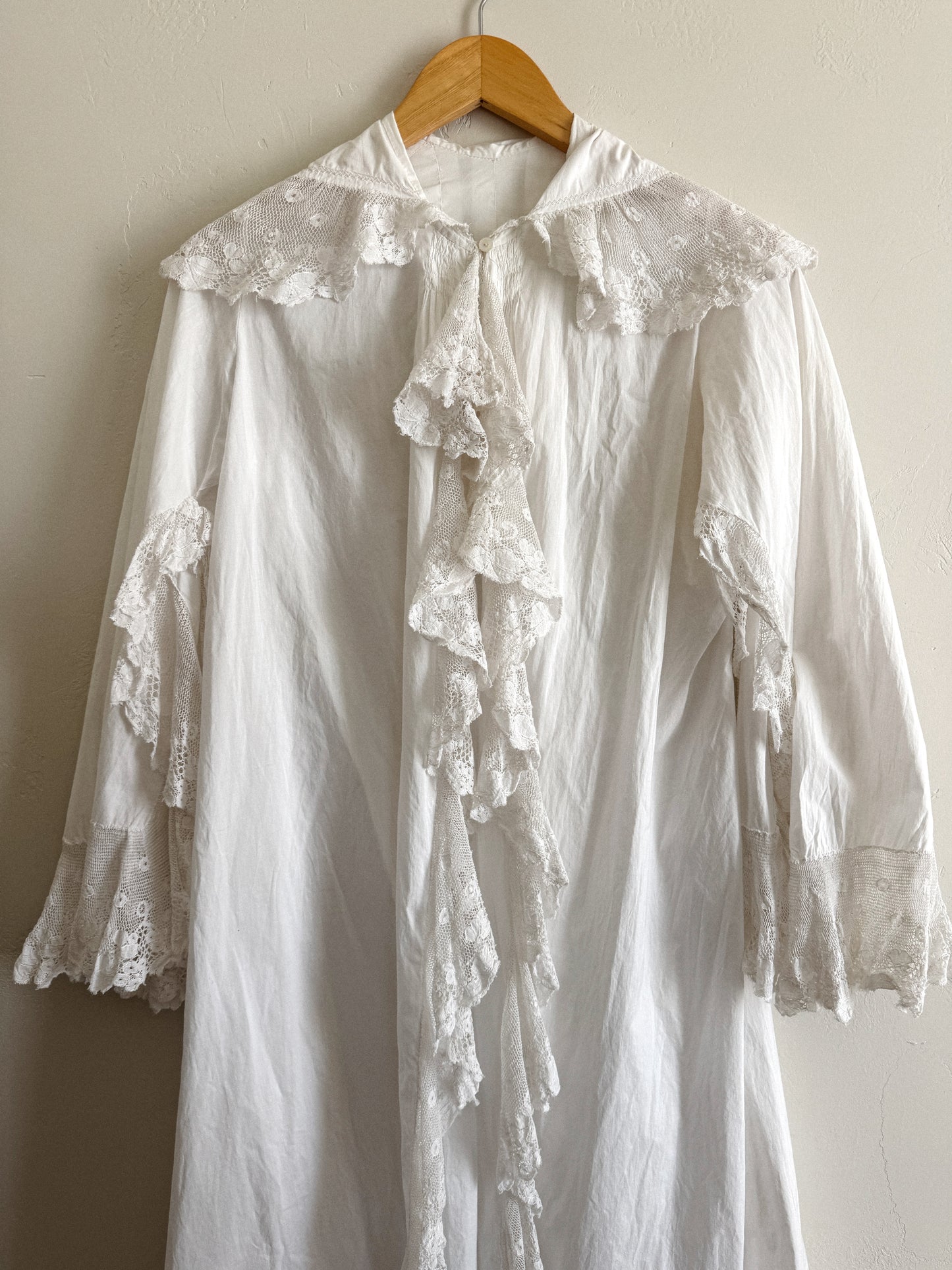 Edwardian White Angel Sleeve Boudoir Robe w/ Handmade Lace- S-S/M