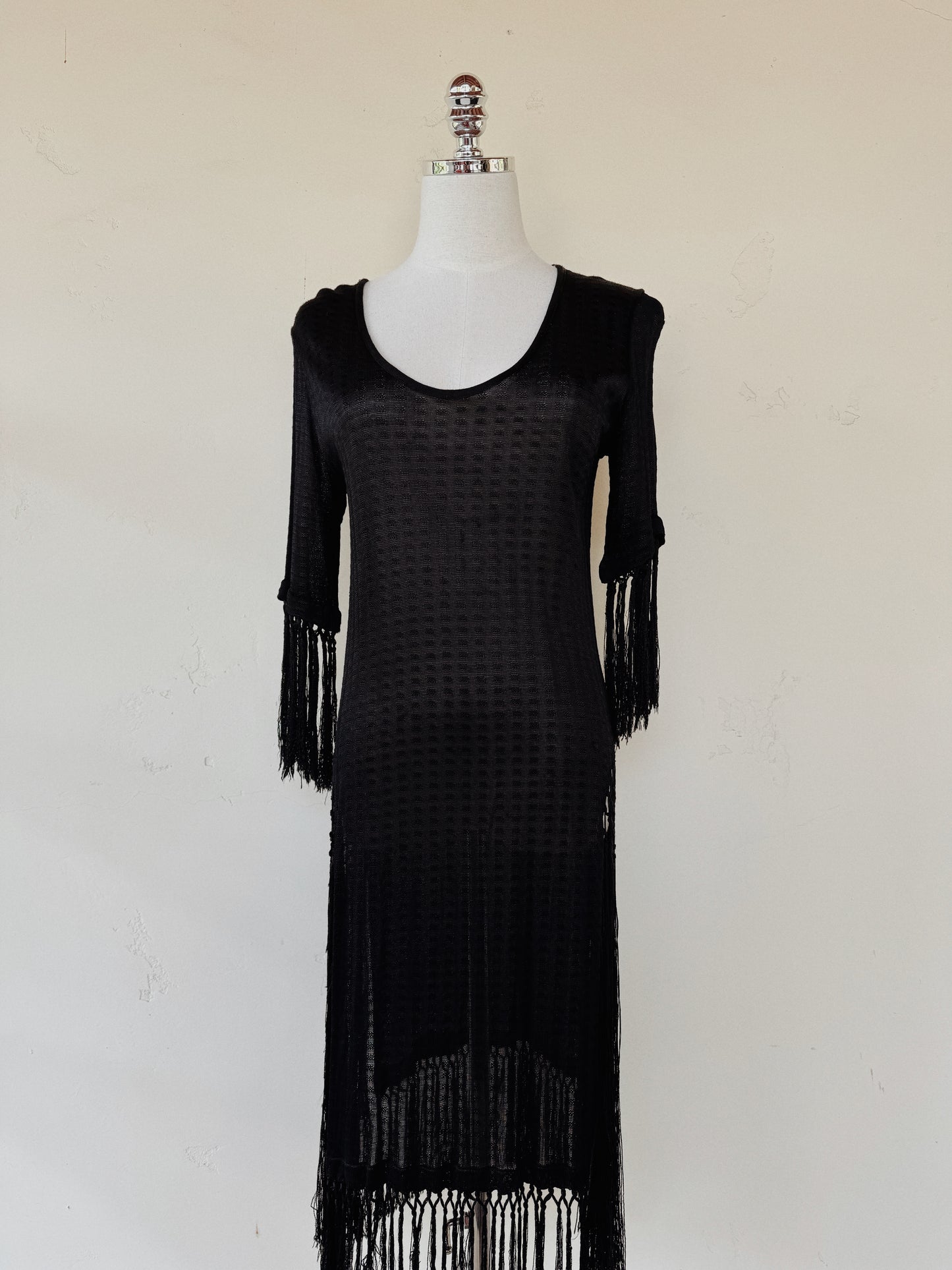 1920s Black Knit Rayon Jersey Fringe Dress- S/M