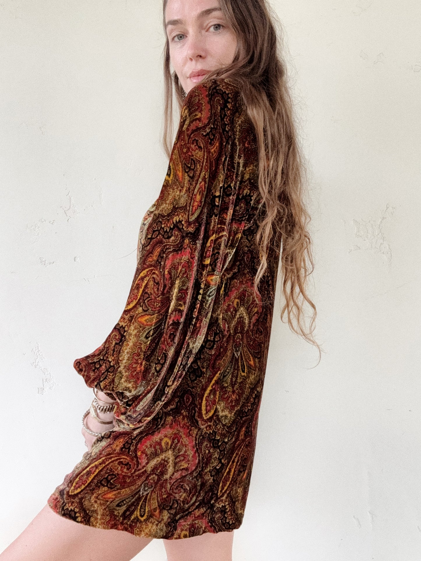 1930s Paisley Silk Velvet Jacket w/ Large Celluloid Button- S/M
