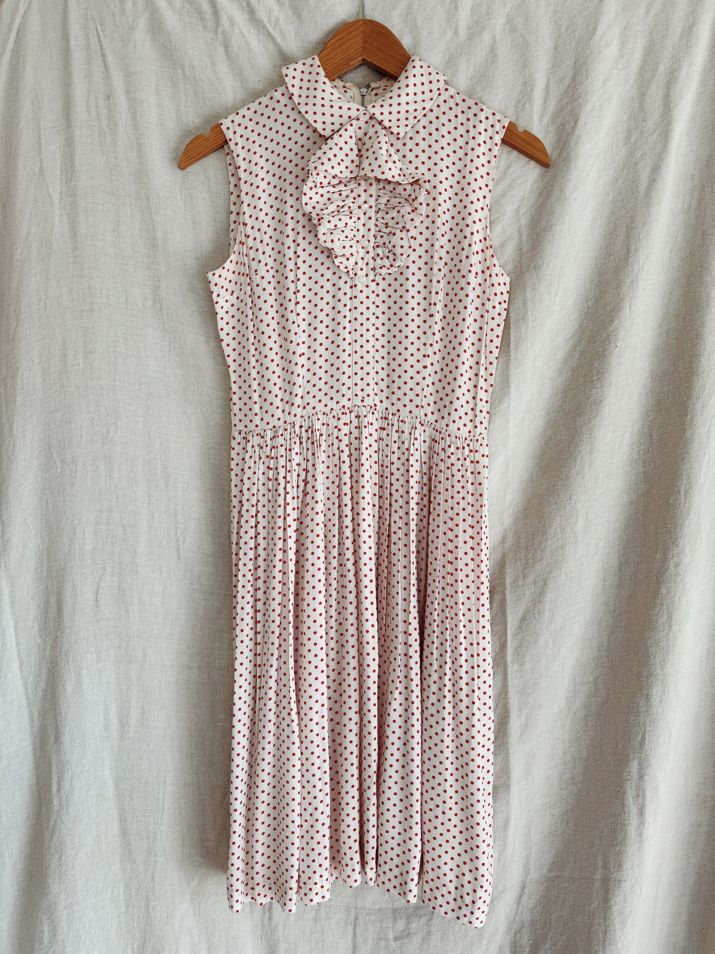 1940s/50s Cold Rayon White + Red Polka Dot Day Dress- S