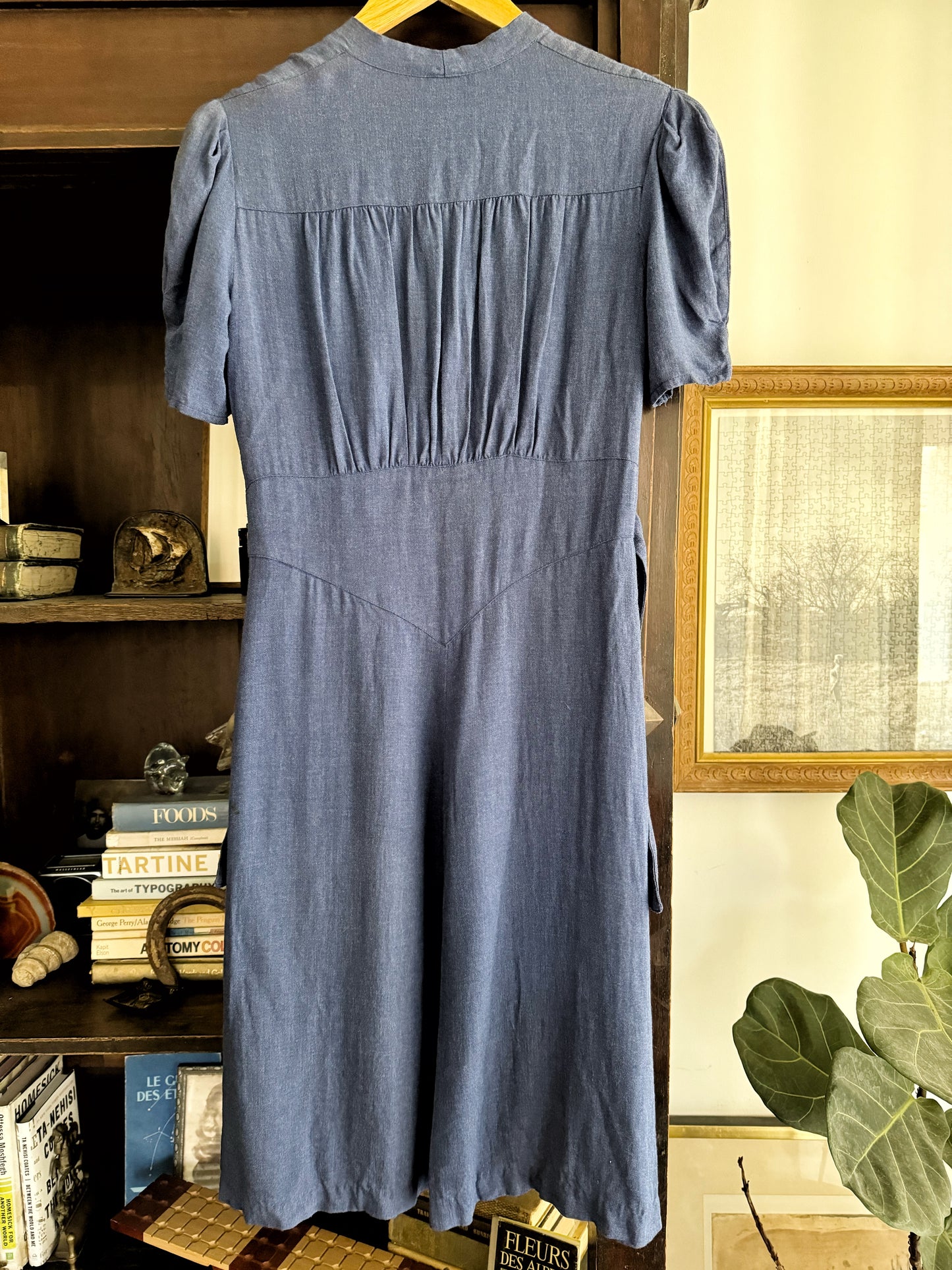1930s Blue Day Dress w/ Puffed Shoulders + Felt Floral + Stud Pockets- S/M