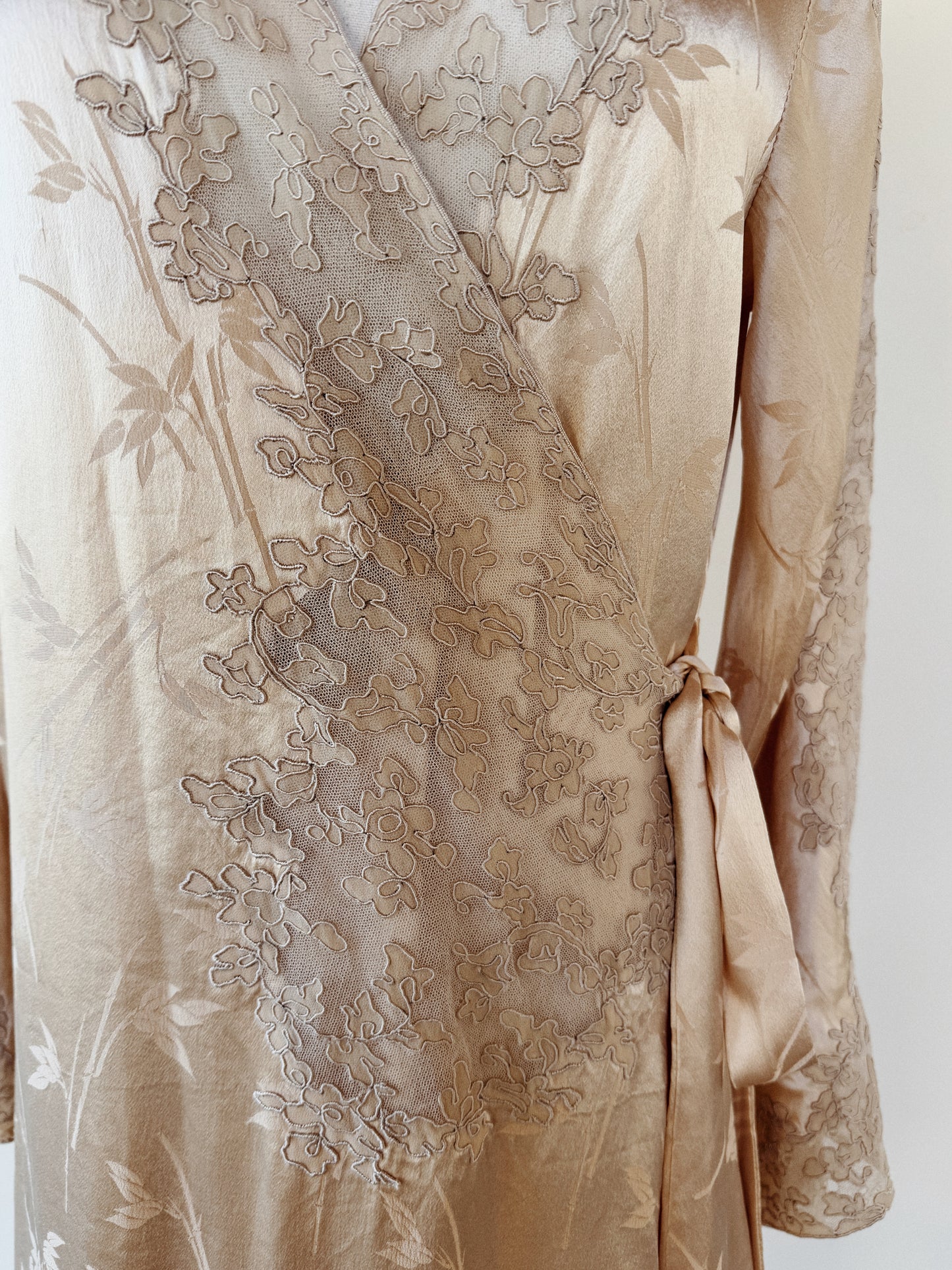1930s Ivory Silk Charmeuse Bamboo Jacquard Angel Sleeve Robe- S/M-M