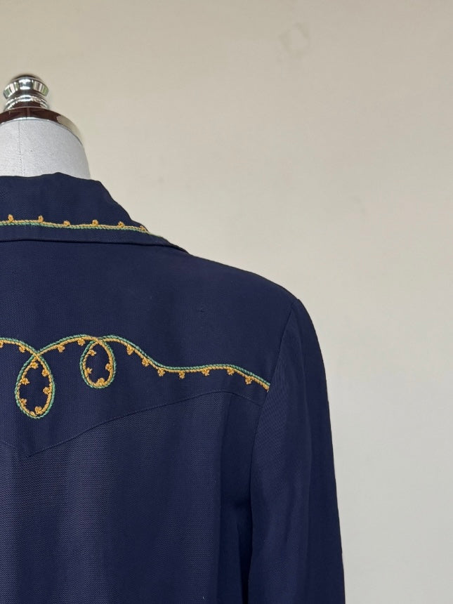 1940s Navy Gabardine Embroidered Western Jacket- S/M-M