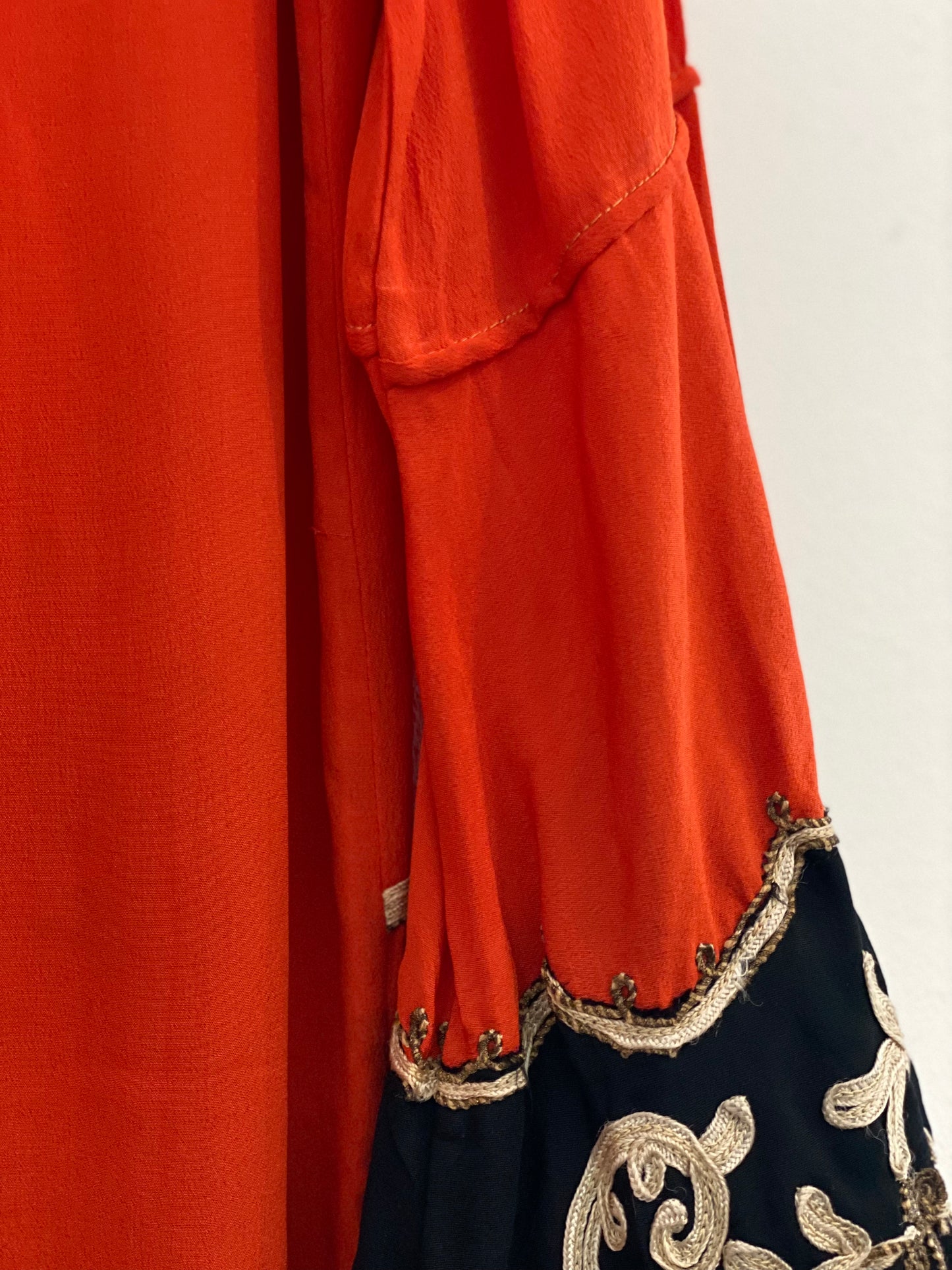 1920s Carnelian Silk Crepe Soutache Dress w/ Bishop Sleeves- XS/S