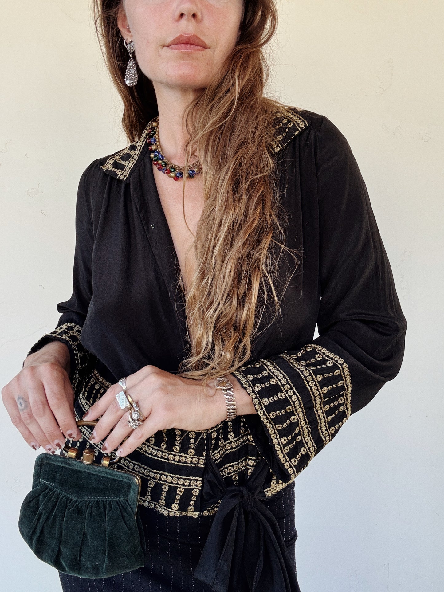 1920s/30s Grecian Black Silk Crepe Blouse w/ Gold Embroidery- S/M