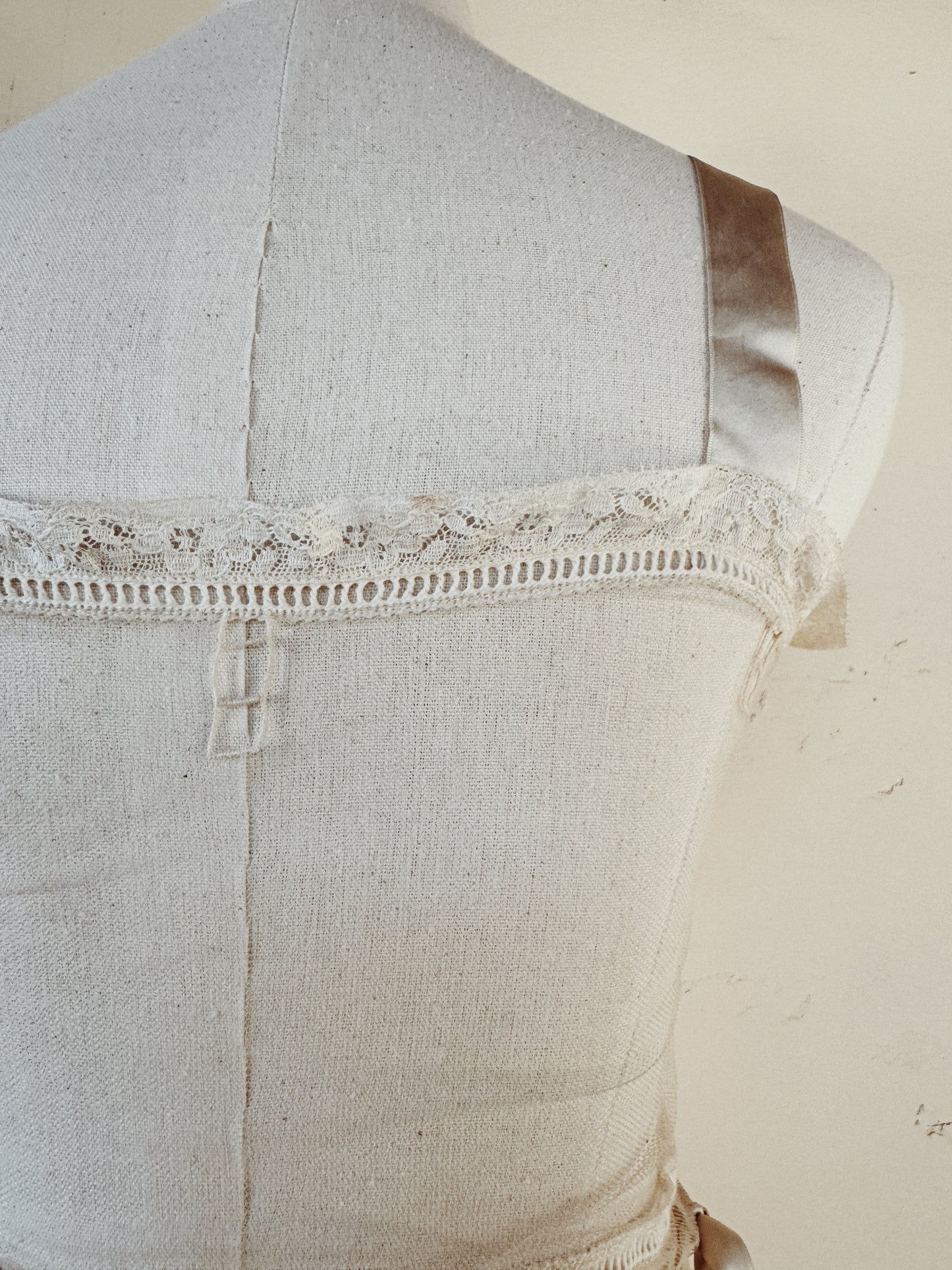 1930s White Net + Lace Dress w/ Silk Ribbon- XS/S