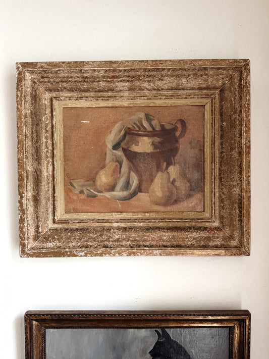 1940s Pear + Earthenware Kitchen Still Life. Oil on Board- 15 x 18”