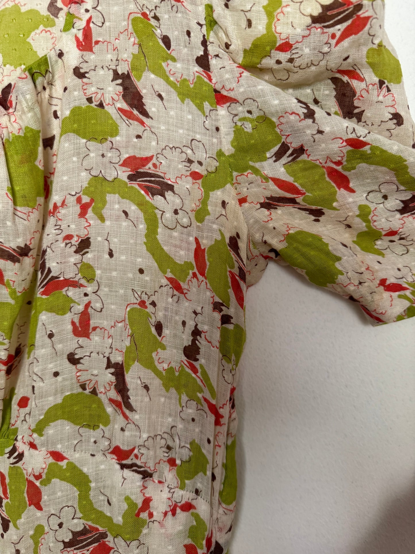 1930s Cotton Voile Lime Abstract Print Dress w/ Puffed Shoulders- S