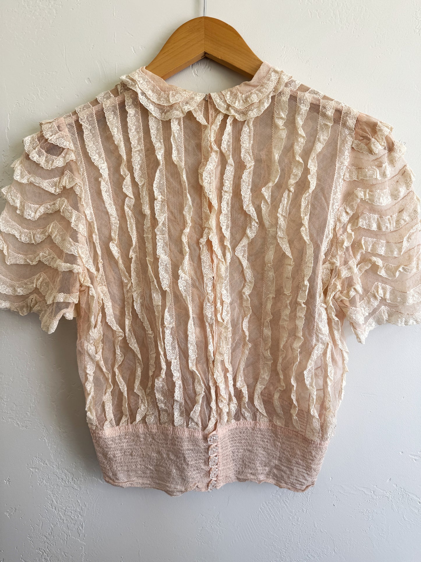 1930s/40s Blossom Pink Net + Lace Babydoll Blouse- S/M