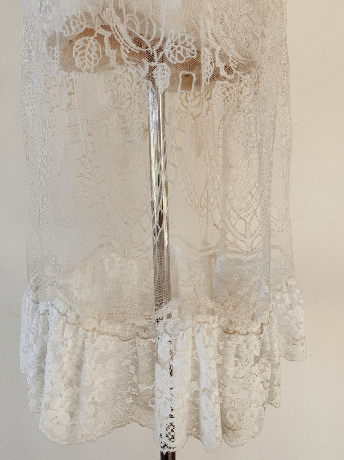 1930s White Net + Lace Dress w/ Silk Ribbon- XS/S