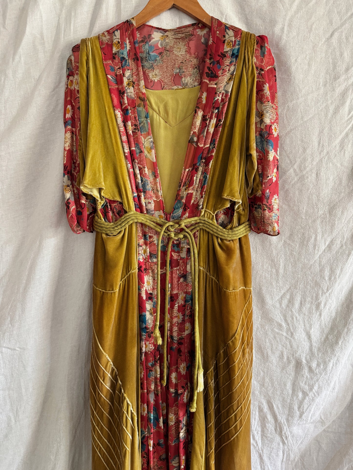 1930s Medieval Golden Velvet + Red Floral Lamé Gown- S/M