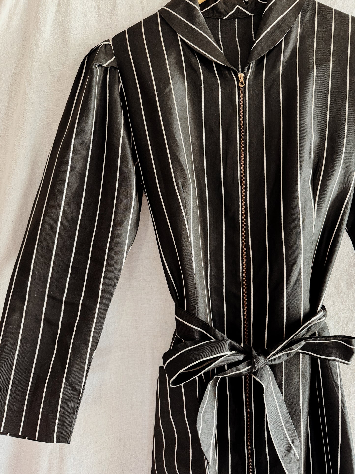 1940s Black Pinstripe Zipper Front Dressing Gown- S/M