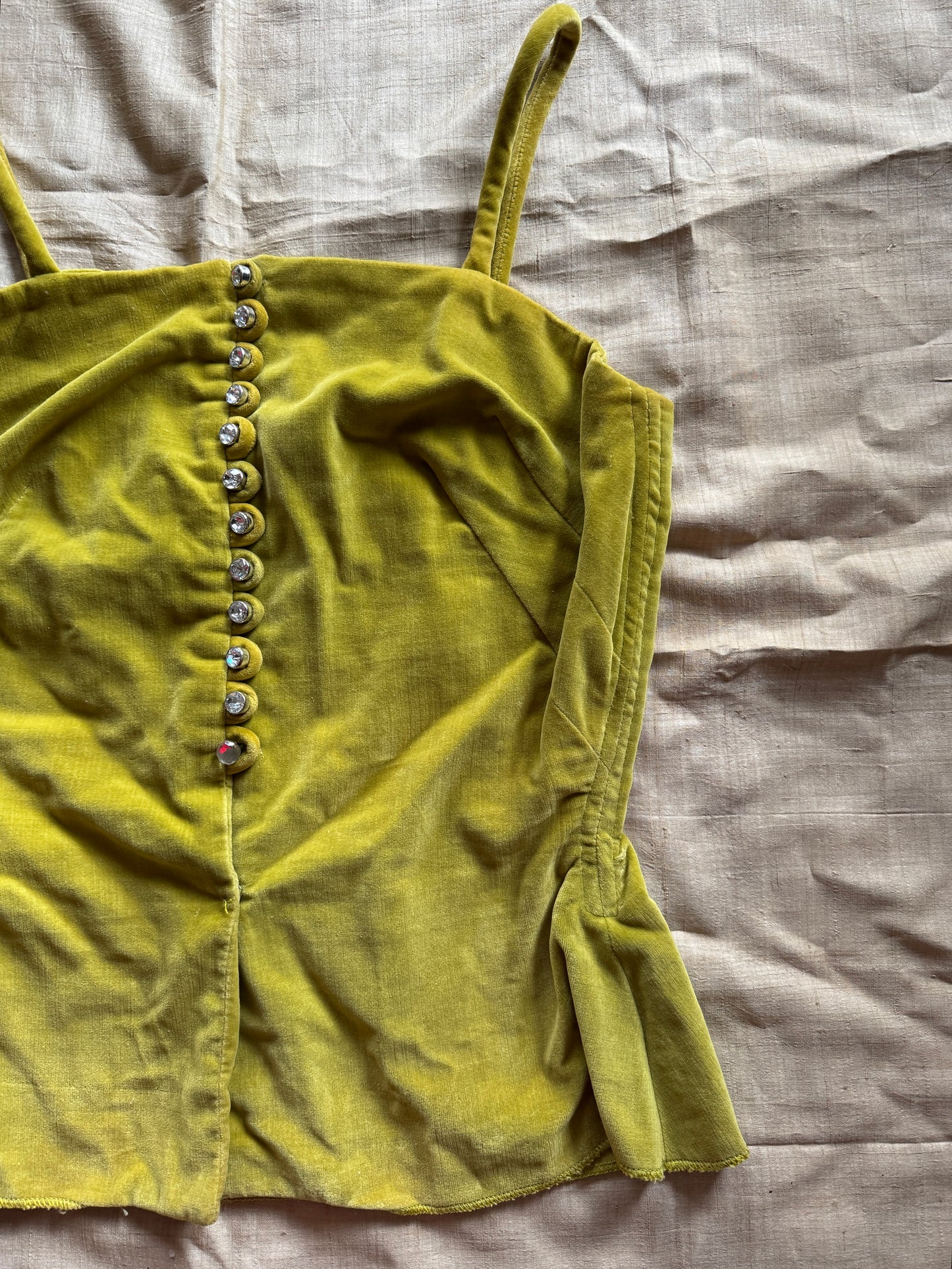 1950s Chartreuse Velveteen Rhinestone Bustier Top- XS/S