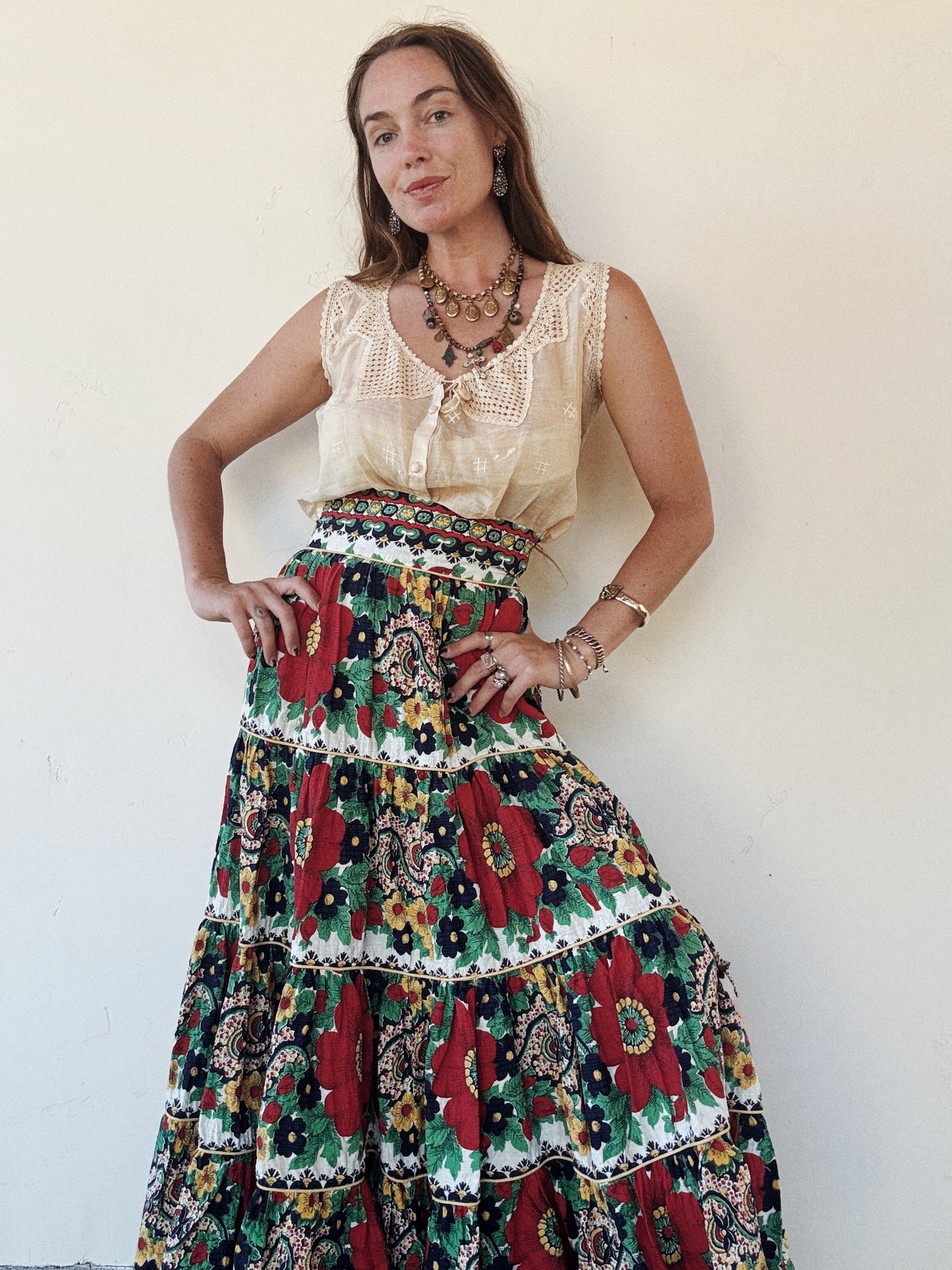 1940s Red + Navy Floral Seersucker Maxi Skirt- S/M
