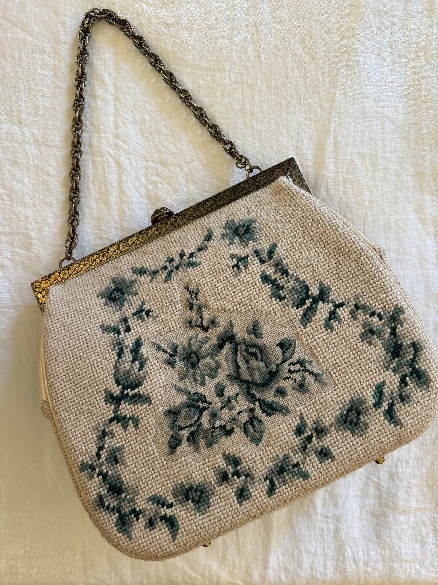 1960s Creme + Blue Green Large Needlepoint Handbag