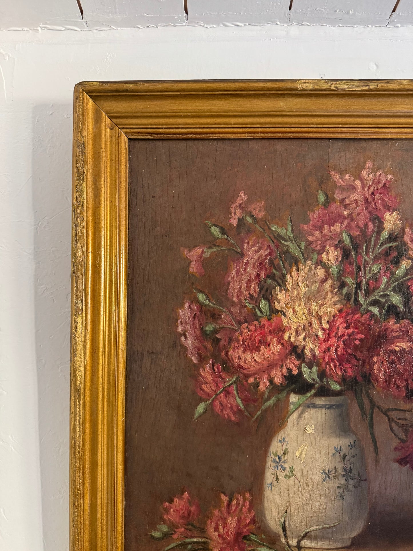 1920s Floral Still Life in Gilt Frame Oil on Wood- 18 x 16”
