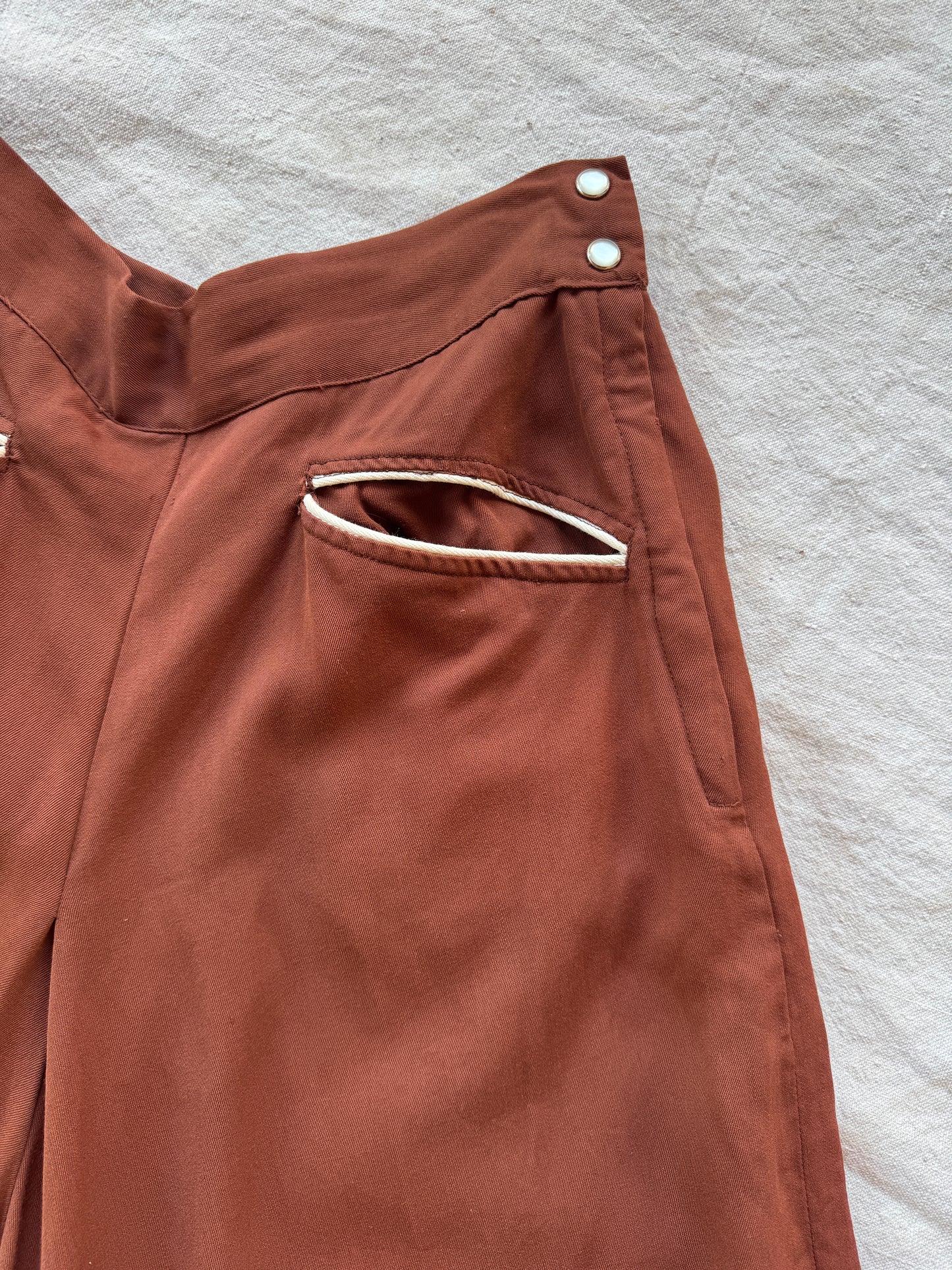 1950s Brown Gabardine Western Fringe Split Skirt Pants- 28” Waist