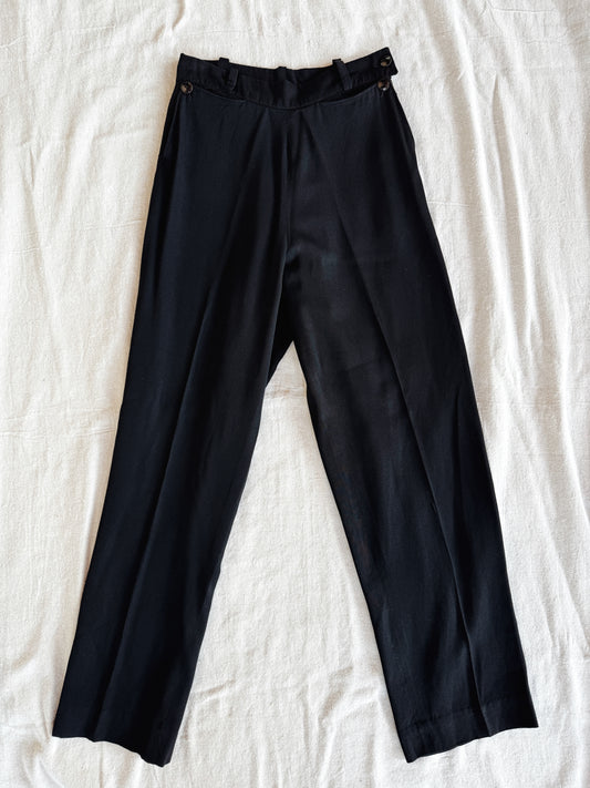 1940s Black Rayon Gabardine Side Zip Trousers- S-S/M
