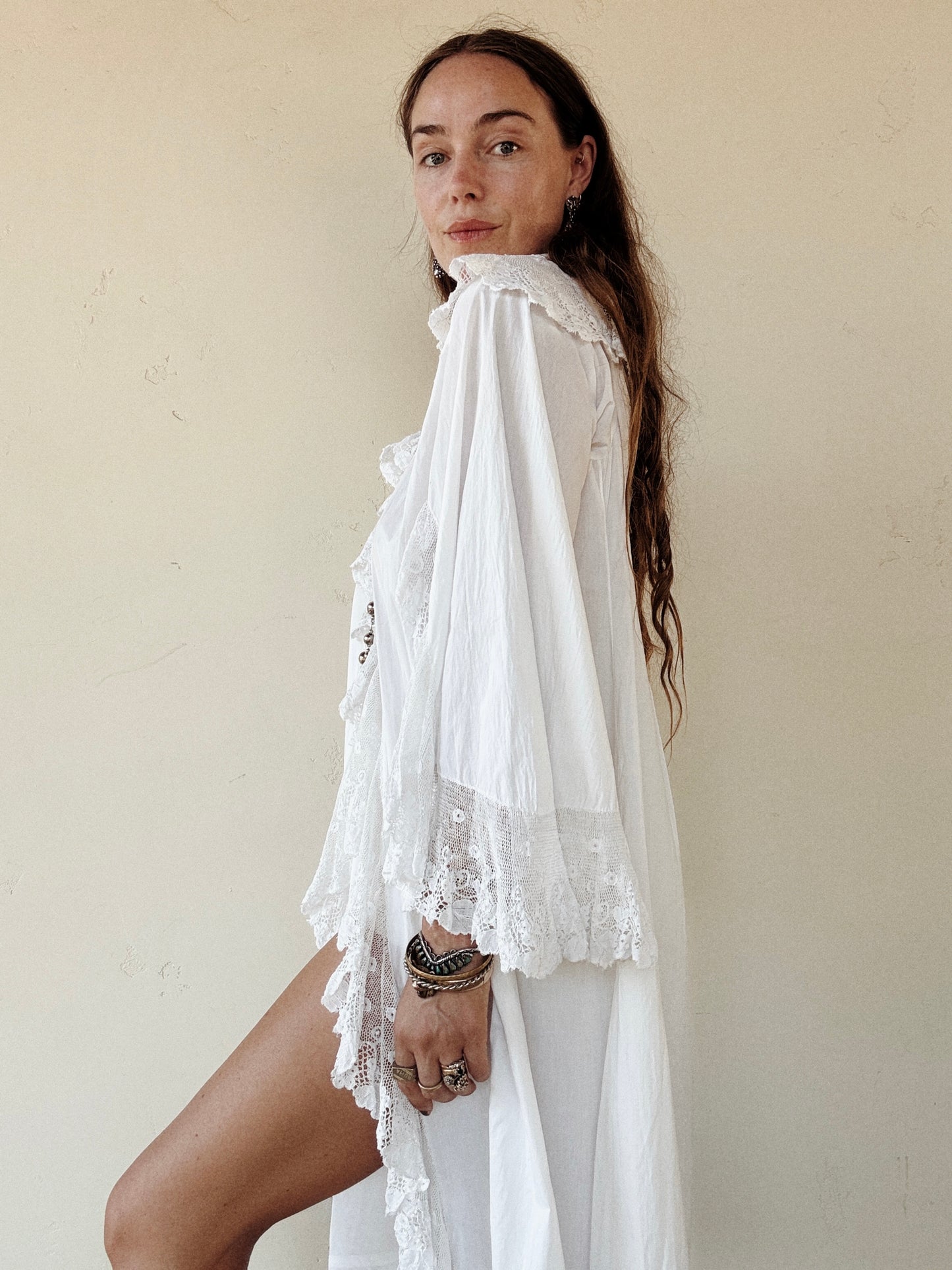 Edwardian White Angel Sleeve Boudoir Robe w/ Handmade Lace- S-S/M