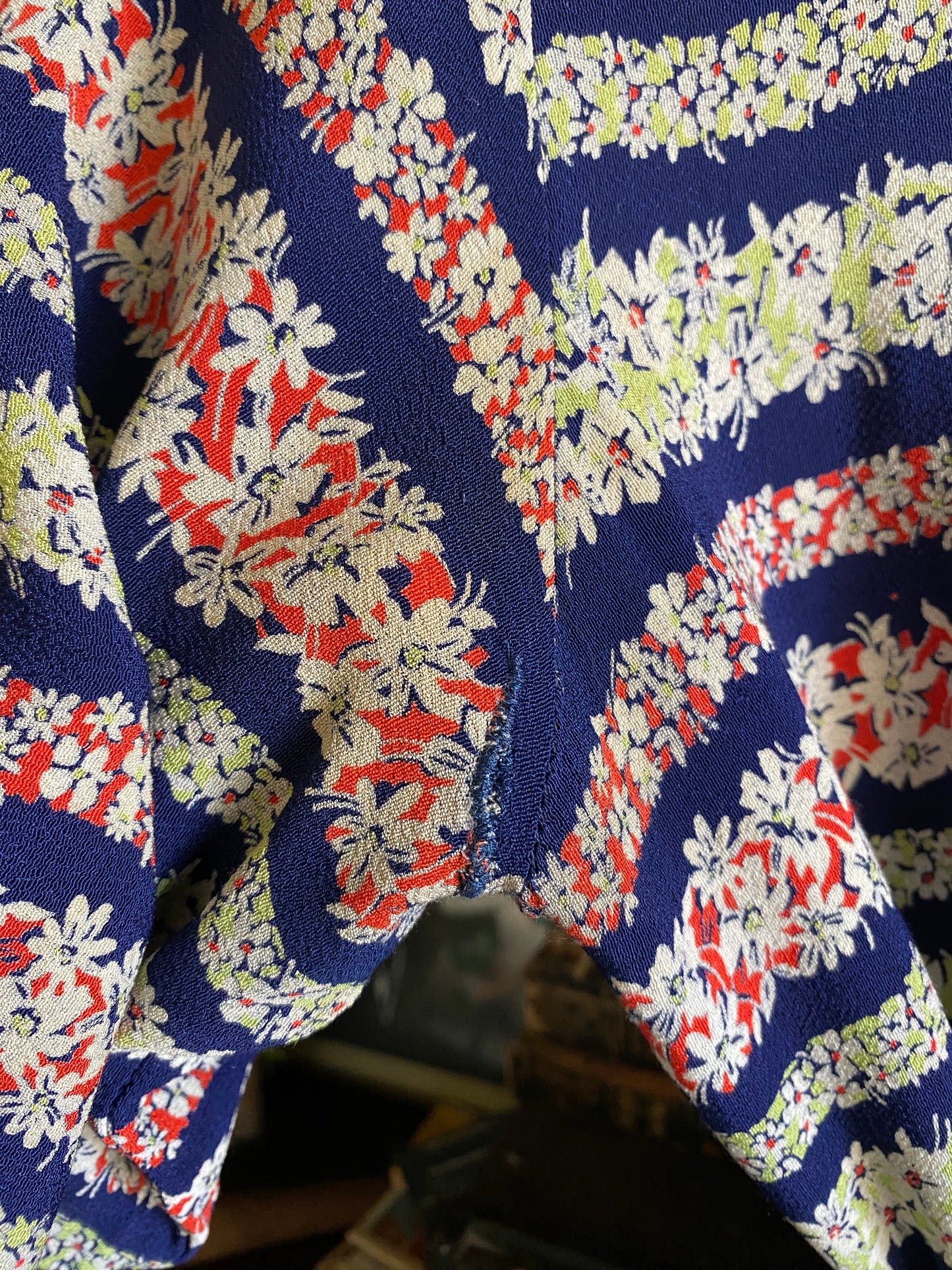 1930s Slinky Navy Floral Rayon Crepe Day Dress- S/M