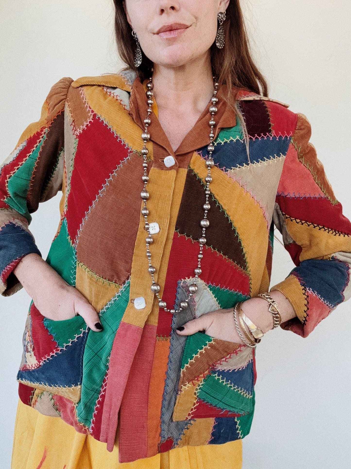 1940s Corduroy Crazy Quilt Jacket w/ Puffed Shoulders- S-M
