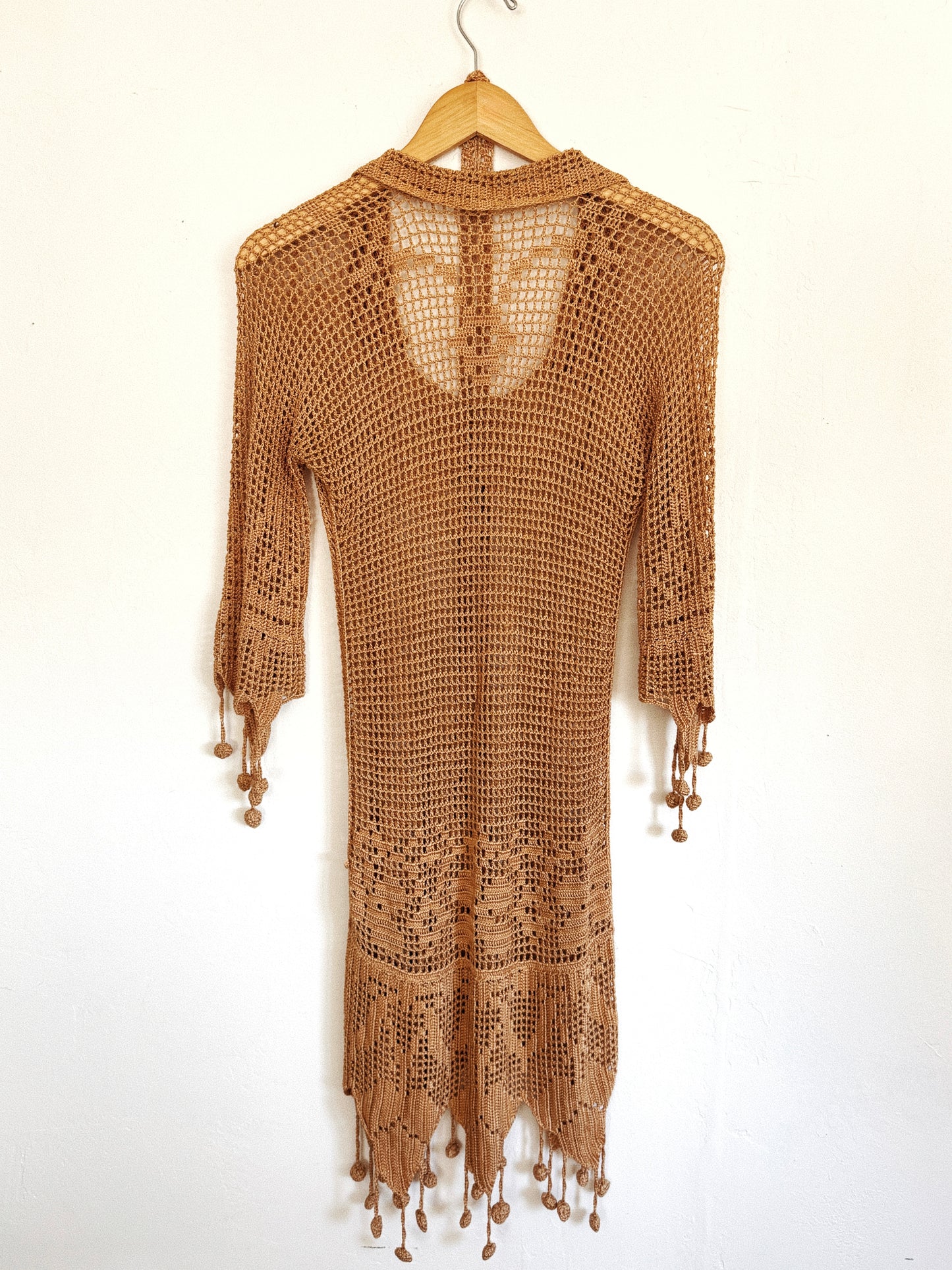 1920s Exquisite Caramel Crocheted Dress w/ Pom Poms- XS-S/M