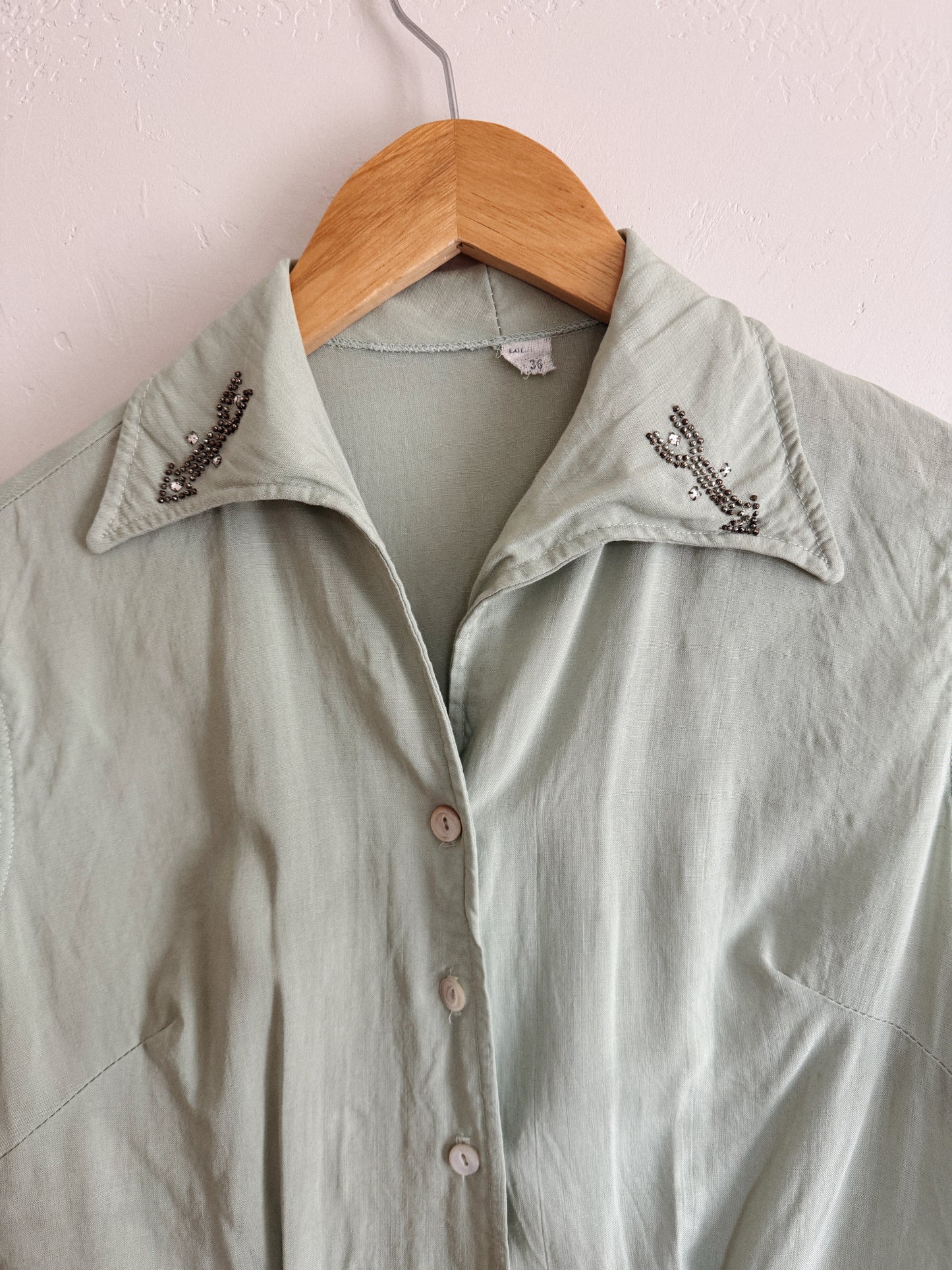 1950s Sea Foam Rhinestone Arrow Western Top- S/M