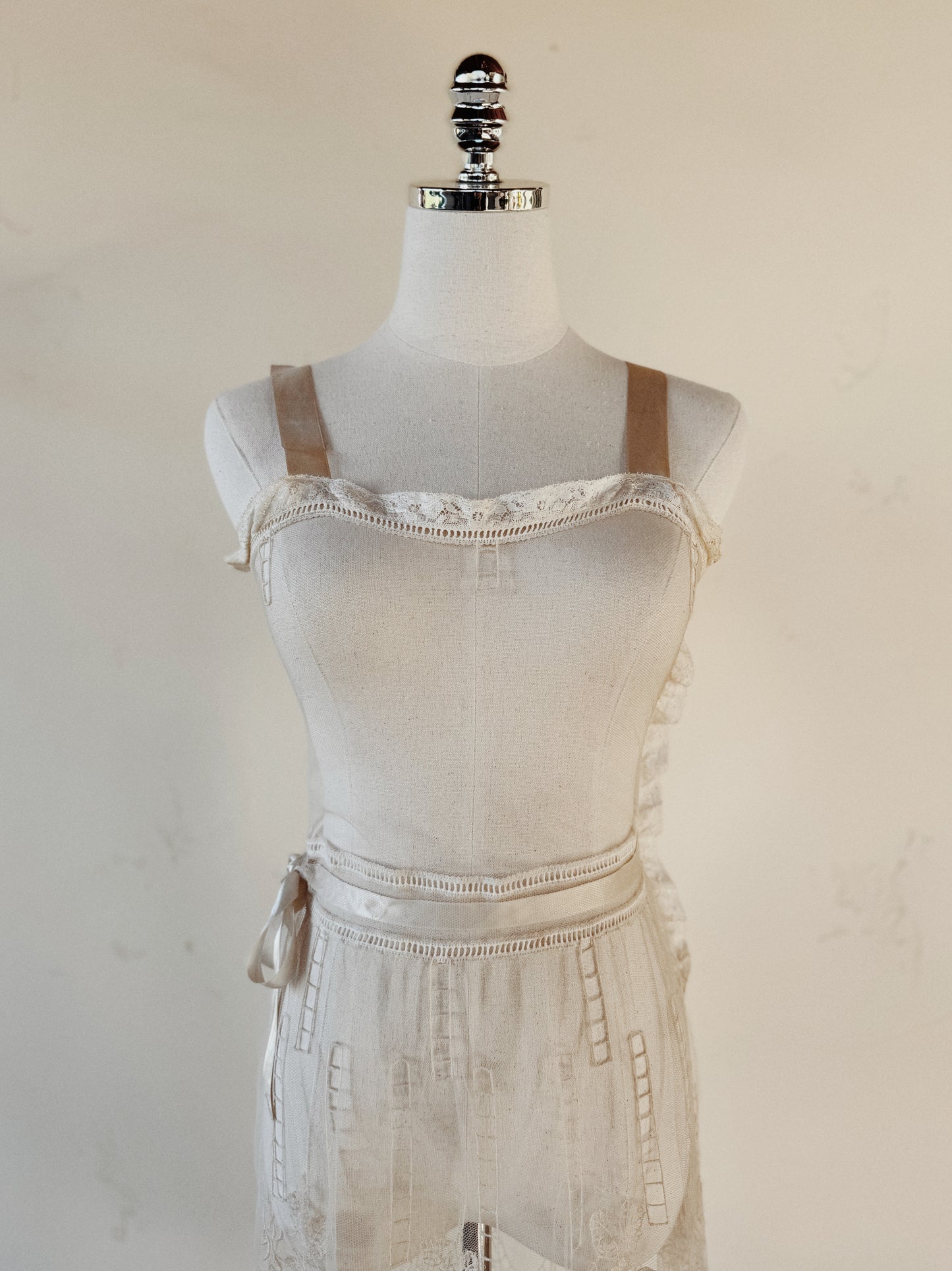 1930s White Net + Lace Dress w/ Silk Ribbon- XS/S