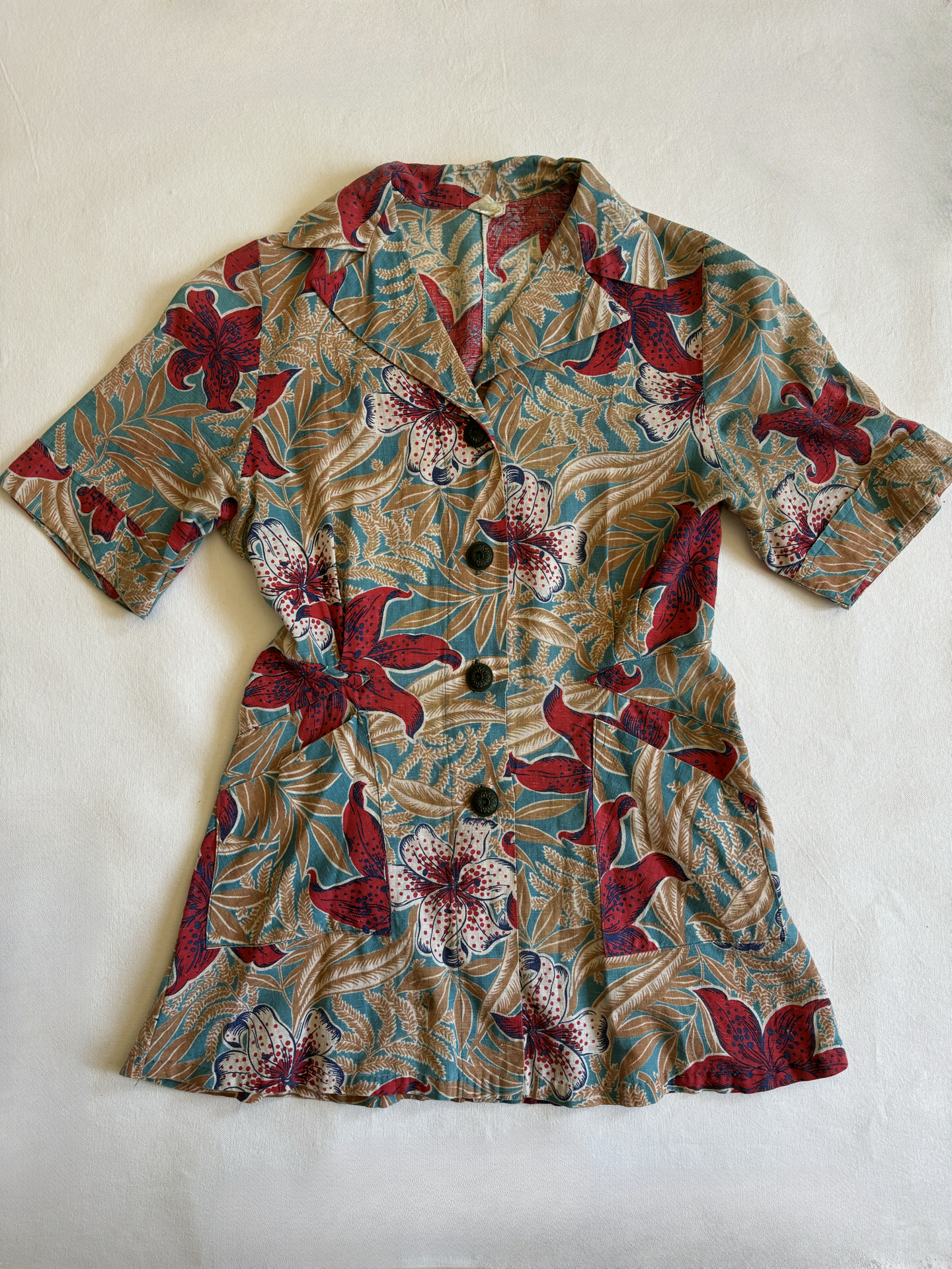 1940s Hawaiian Floral Cotton Blouse- S