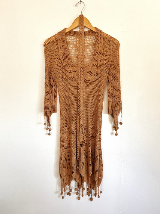 1920s Exquisite Caramel Silk Crocheted Dress w/ Pom Poms- XS-S/M