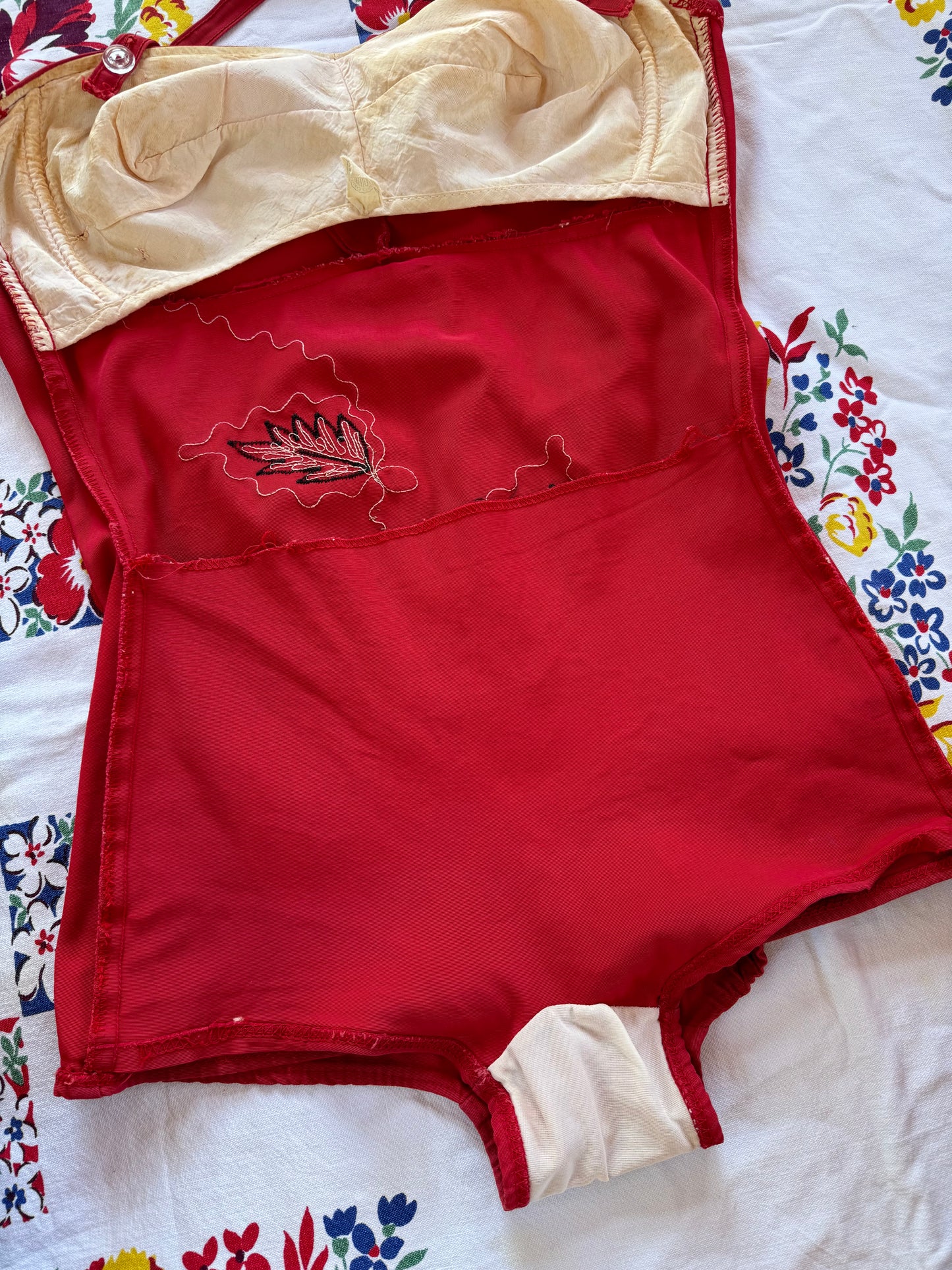 1950s Crimson Bullet Bra Halter Bathing Suit w/ Soutache Design- M/L
