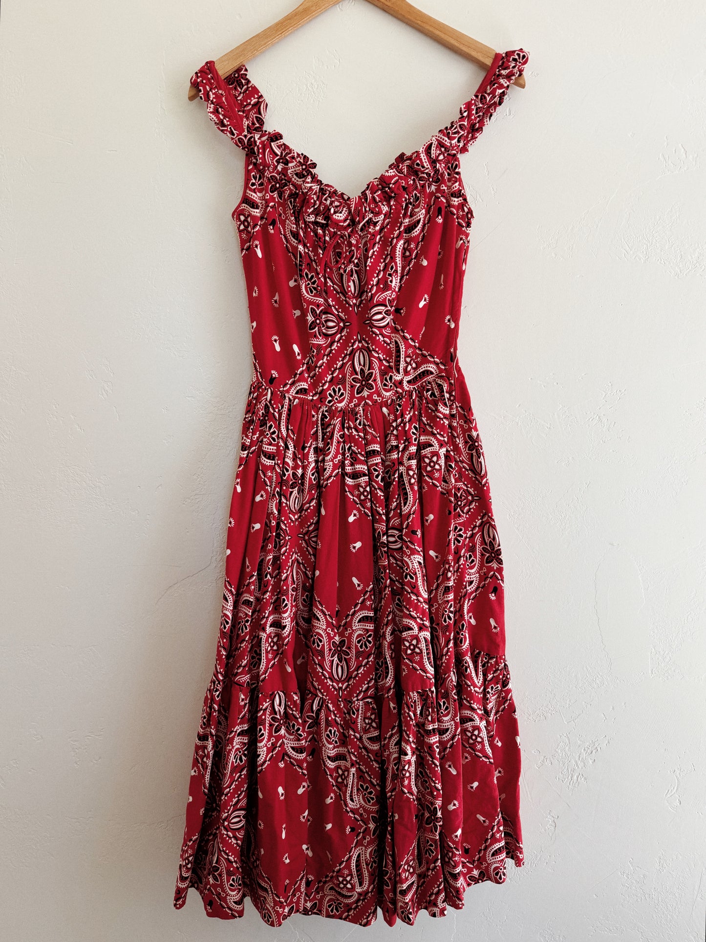 1950s Red Paisley Western Cowgirl Swing Dress- S