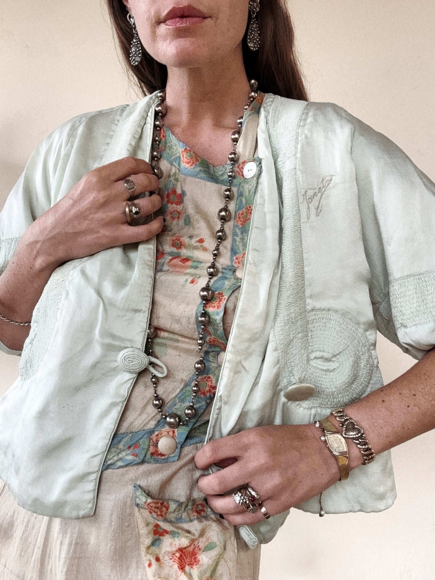 1920s Sea Foam Charmeuse Silk Jacket- S-M