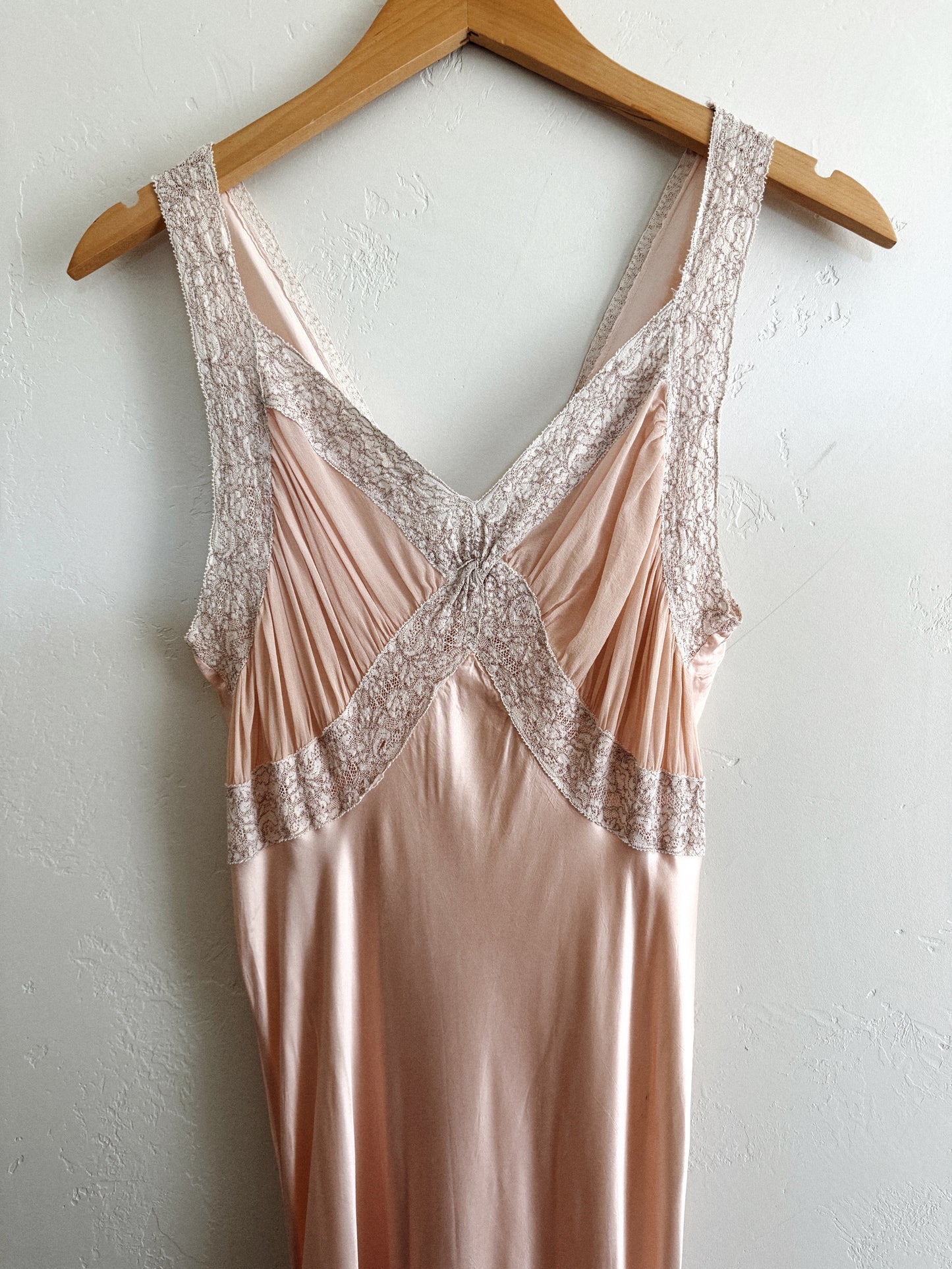 1930s Blush Pink Rayon Chiffon + Lace Slip Dress- S/M