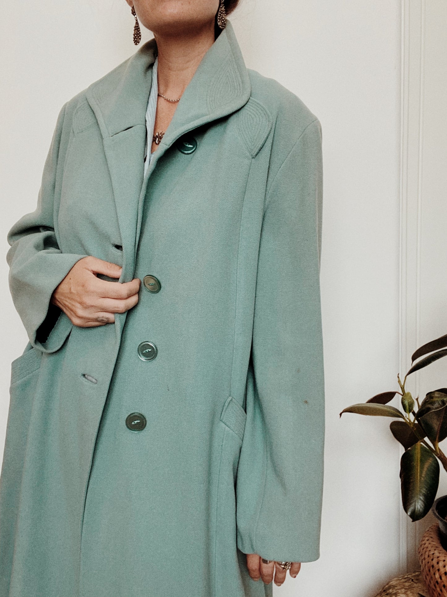 1950s Sea Foam Swing Coat w/ Deco Details- L/XL
