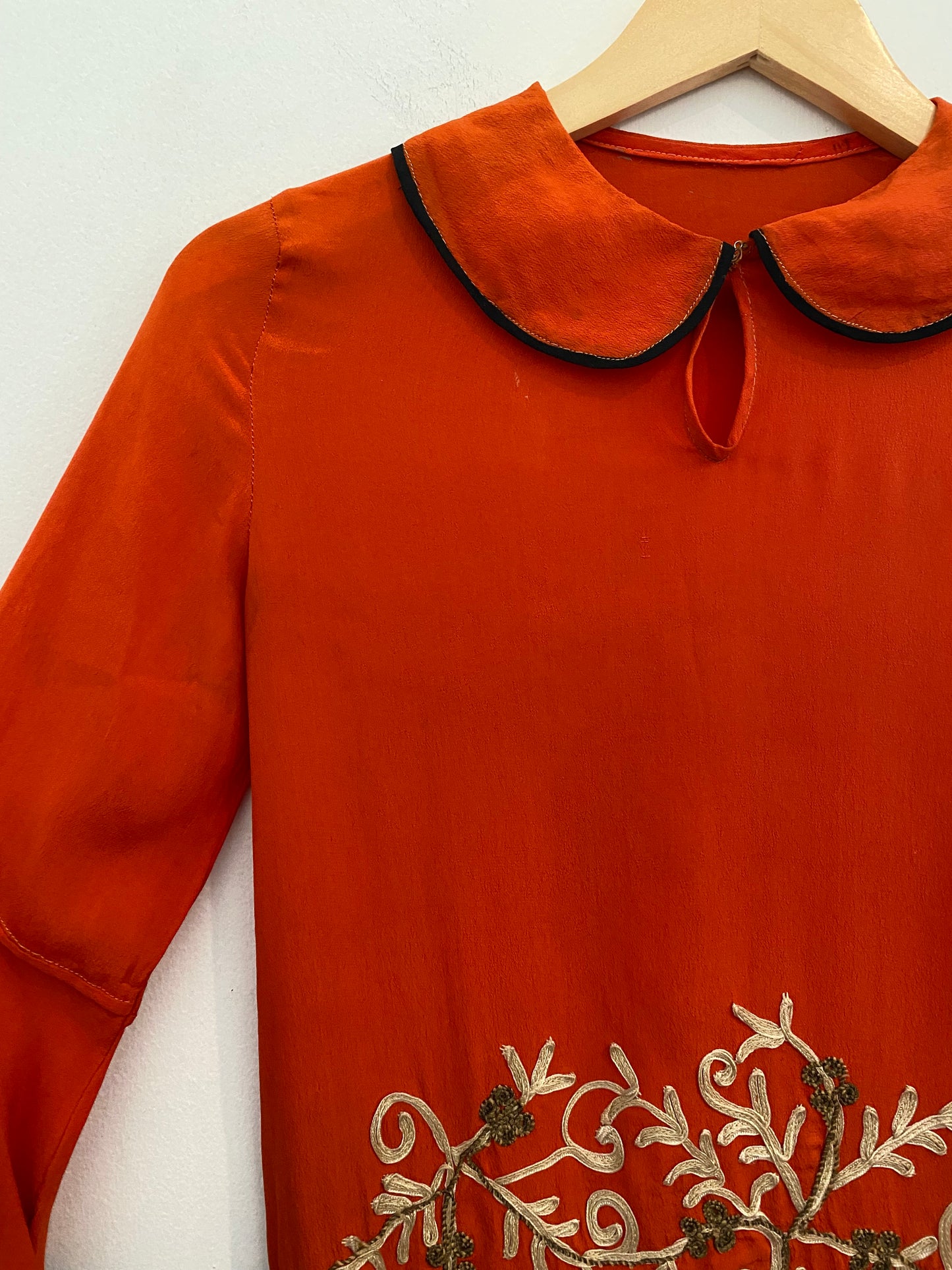 1920s Carnelian Silk Crepe Soutache Dress w/ Bishop Sleeves- XS/S