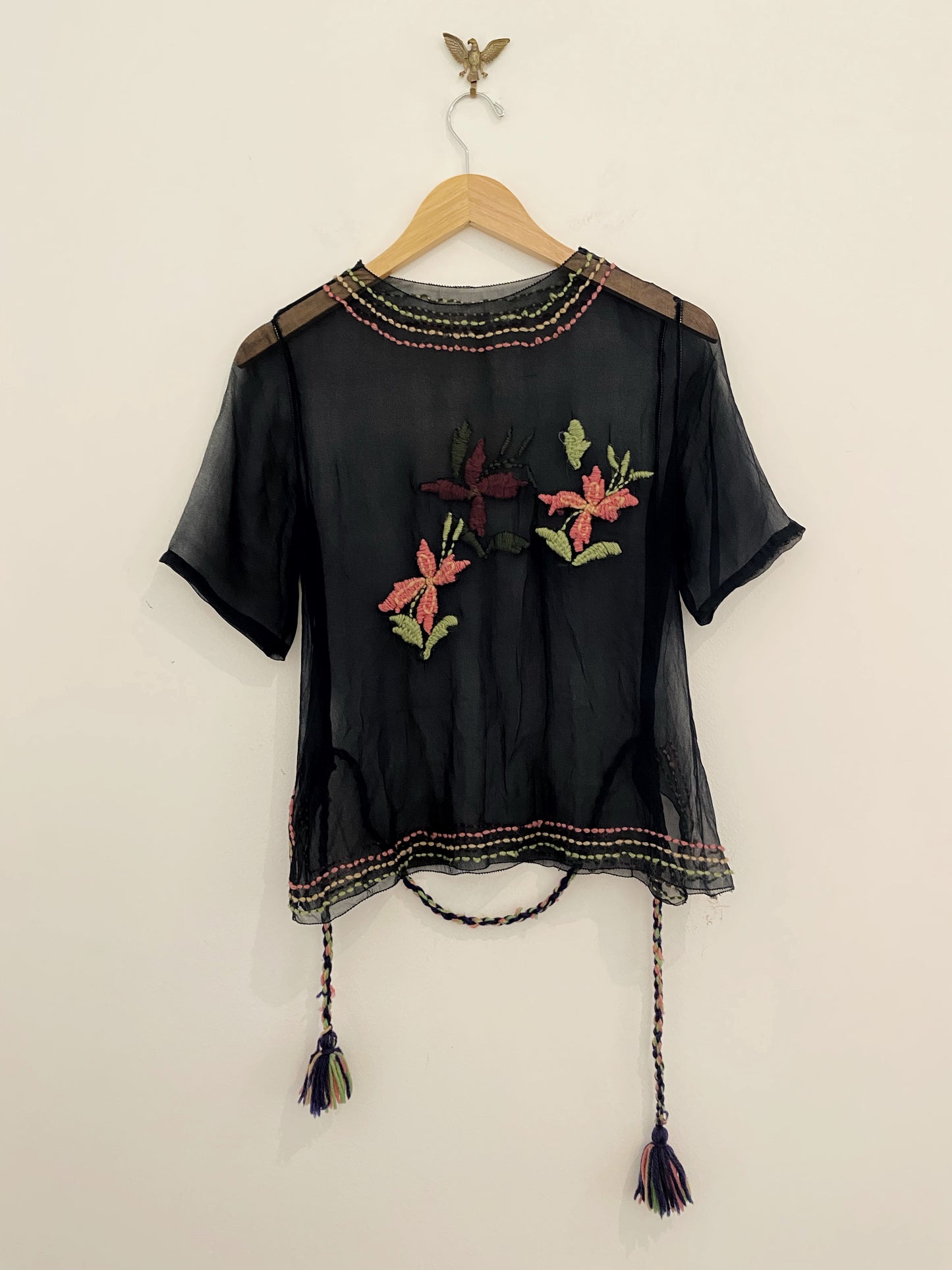 1920s Black Chiffon Top W/ Floral Embroidery- S/M