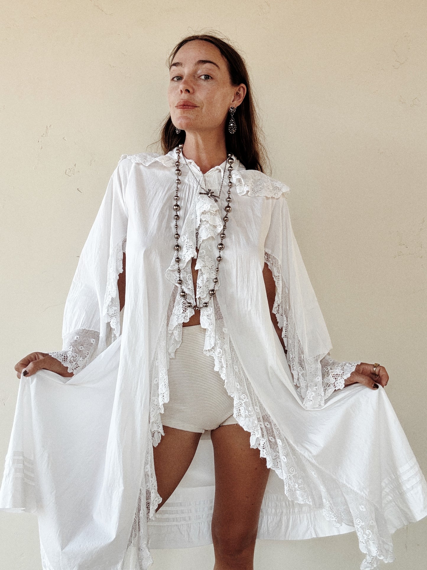 Edwardian White Angel Sleeve Boudoir Robe w/ Handmade Lace- S-S/M