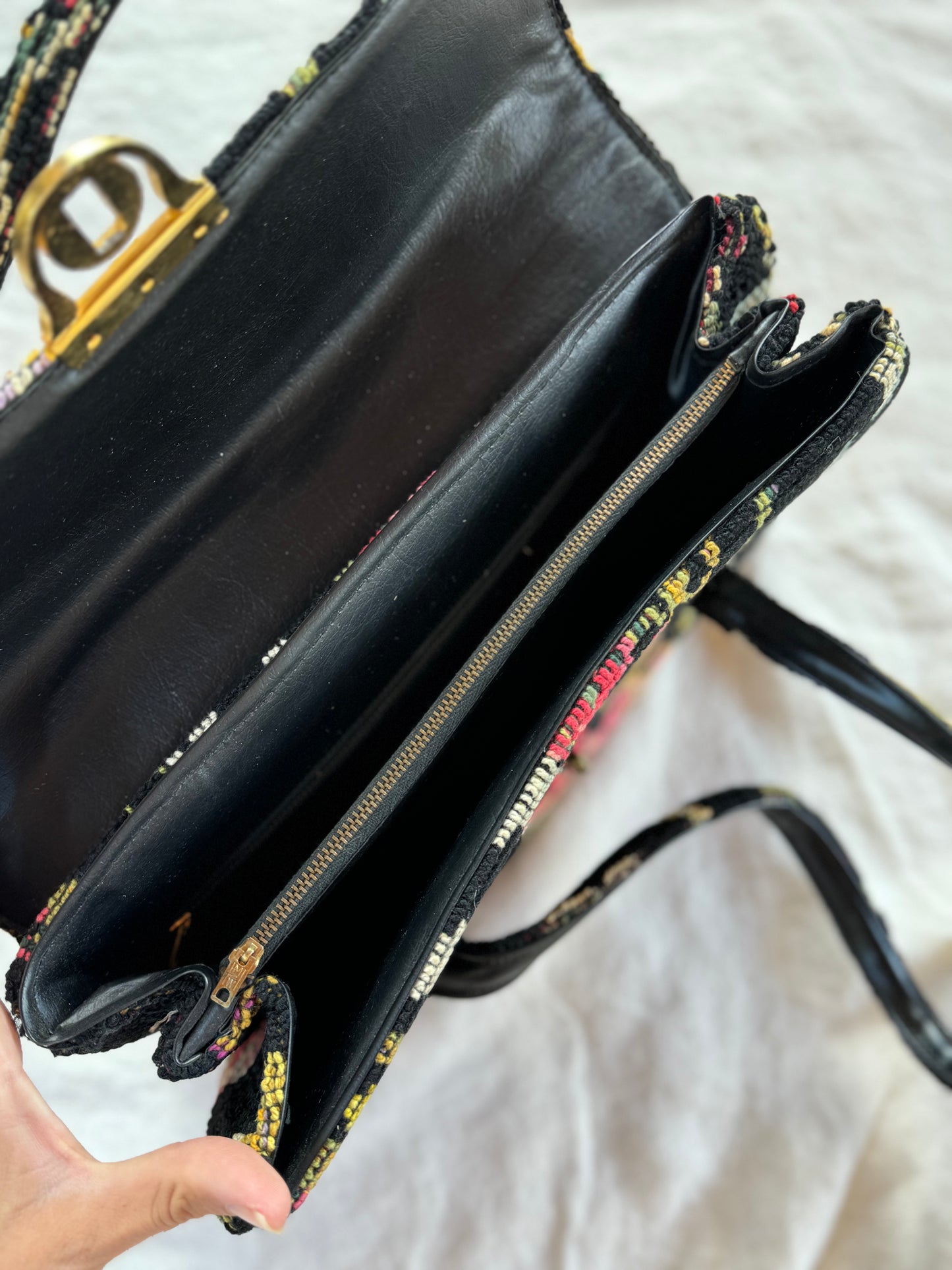 1950s/60s Large Black Floral Needlepoint Handbag