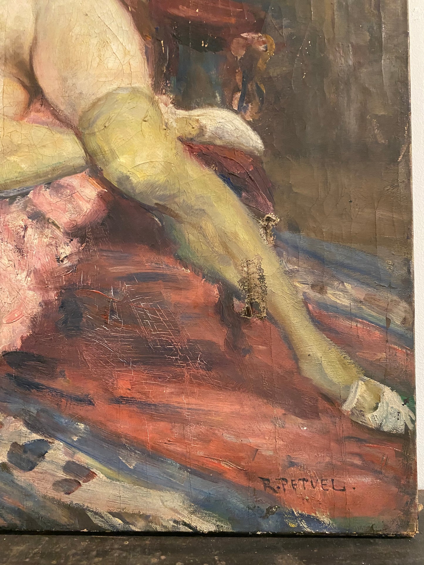 Large Antique Nude Oil Painting on Stretched Canvas by Rudolf Petuel - 29x32”